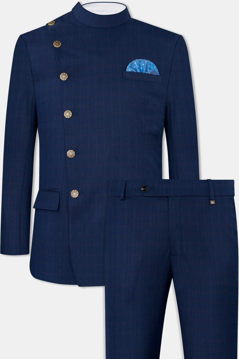 NILE BLUE WOOL RICH CROSS PLACKET BANDHGALA SUIT