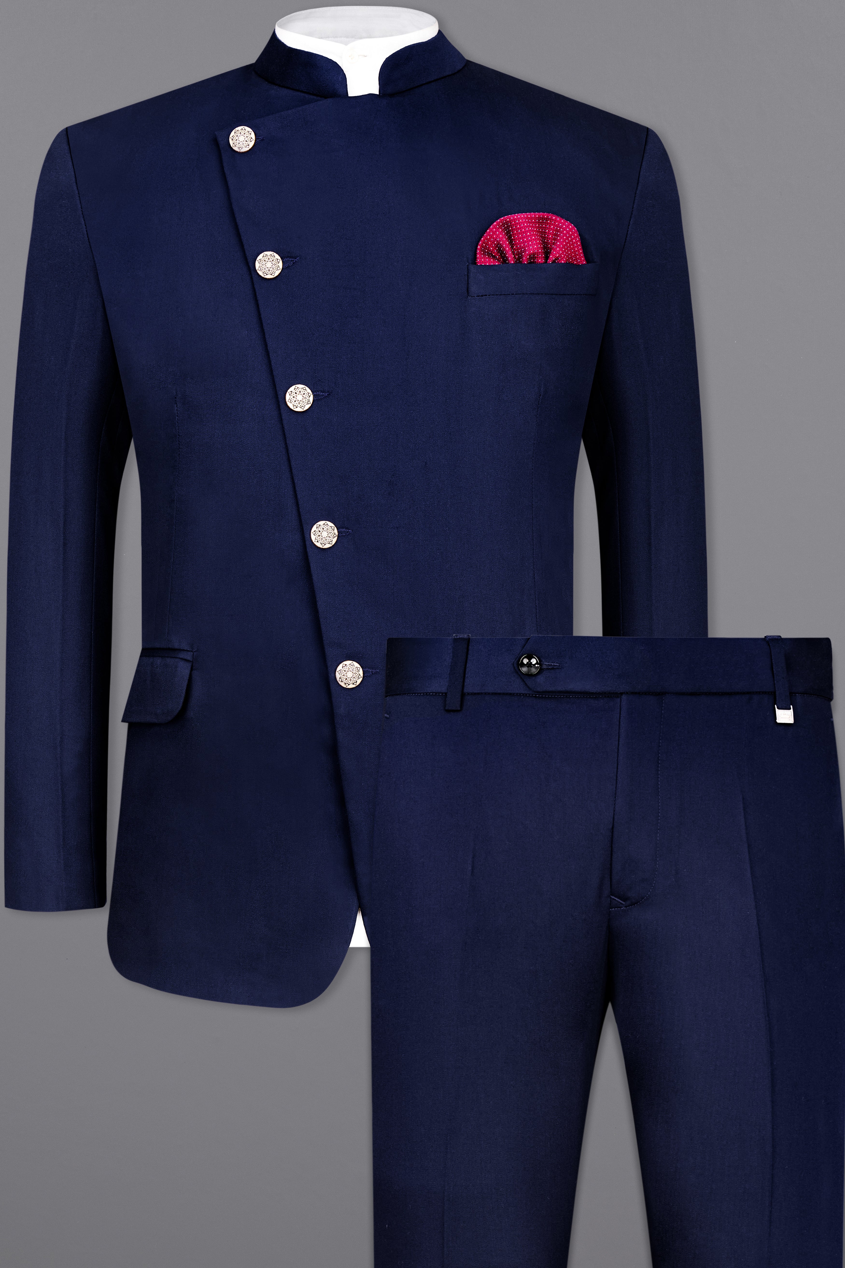 Space Blue Subtle Sheen Cross Placket Bandhgala/Mandarin Wool blend Suit