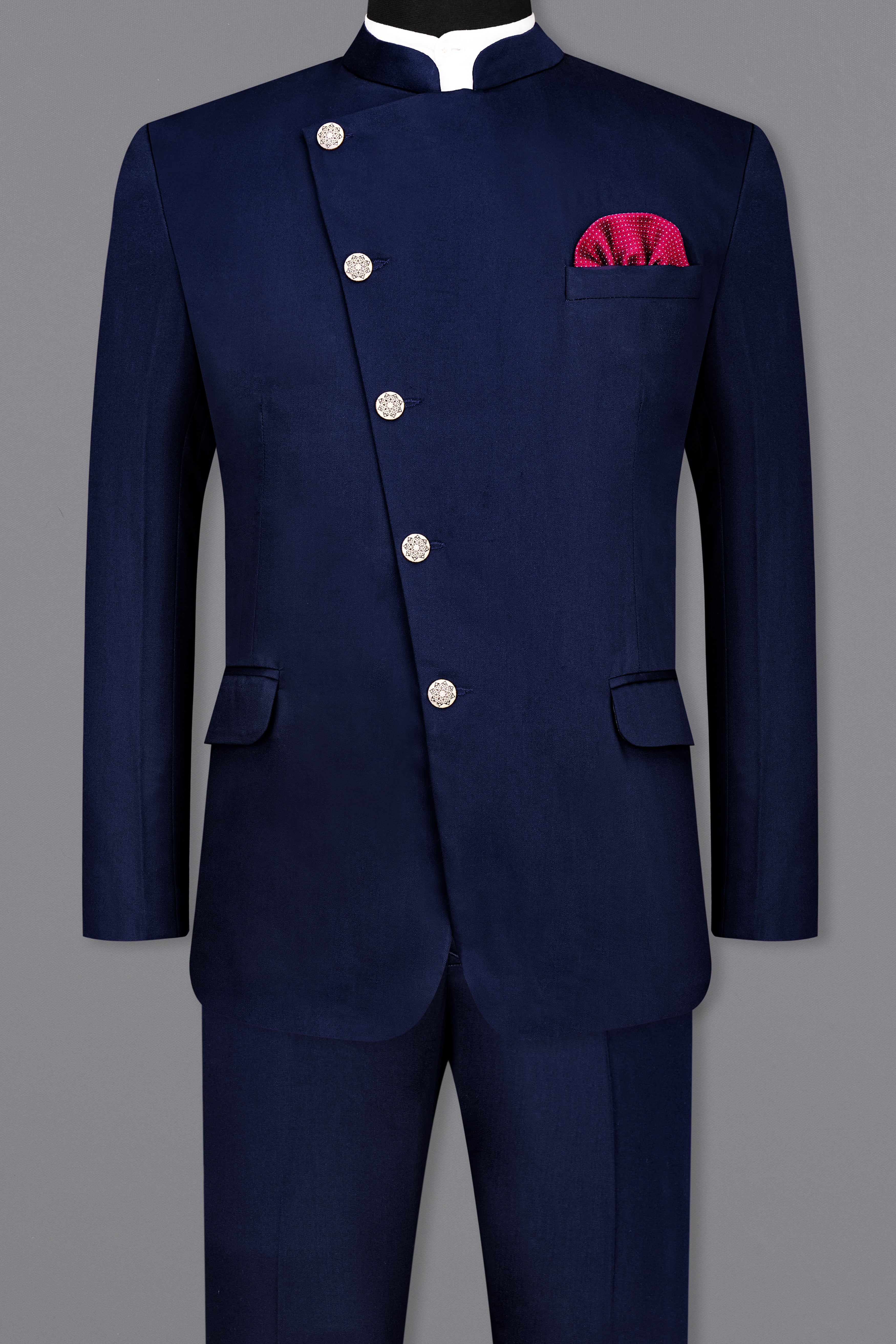 Space Blue Subtle Sheen Cross Placket Bandhgala/Mandarin Wool blend Suit