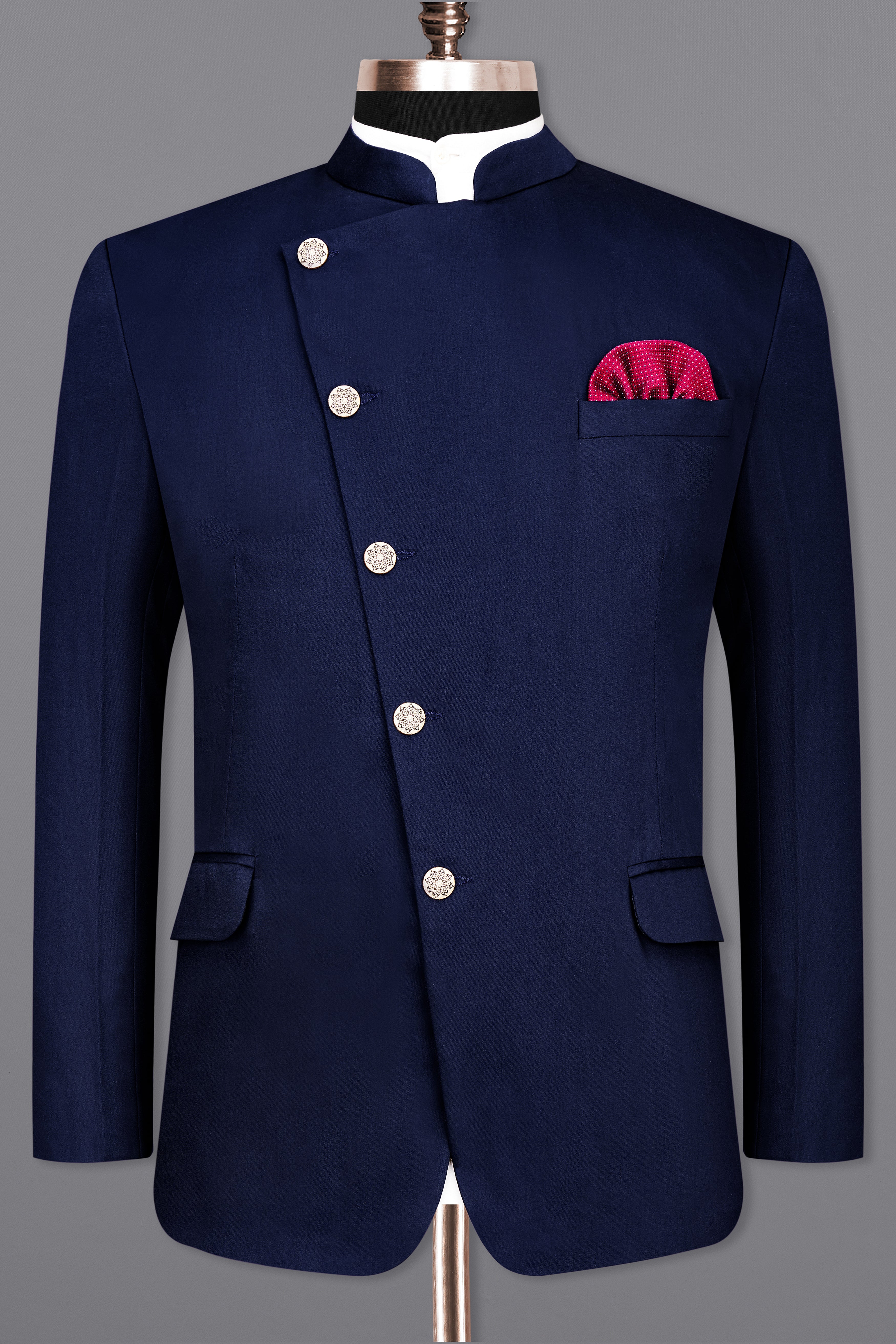 Space Blue Subtle Sheen Cross Placket Bandhgala/Mandarin Wool blend Suit