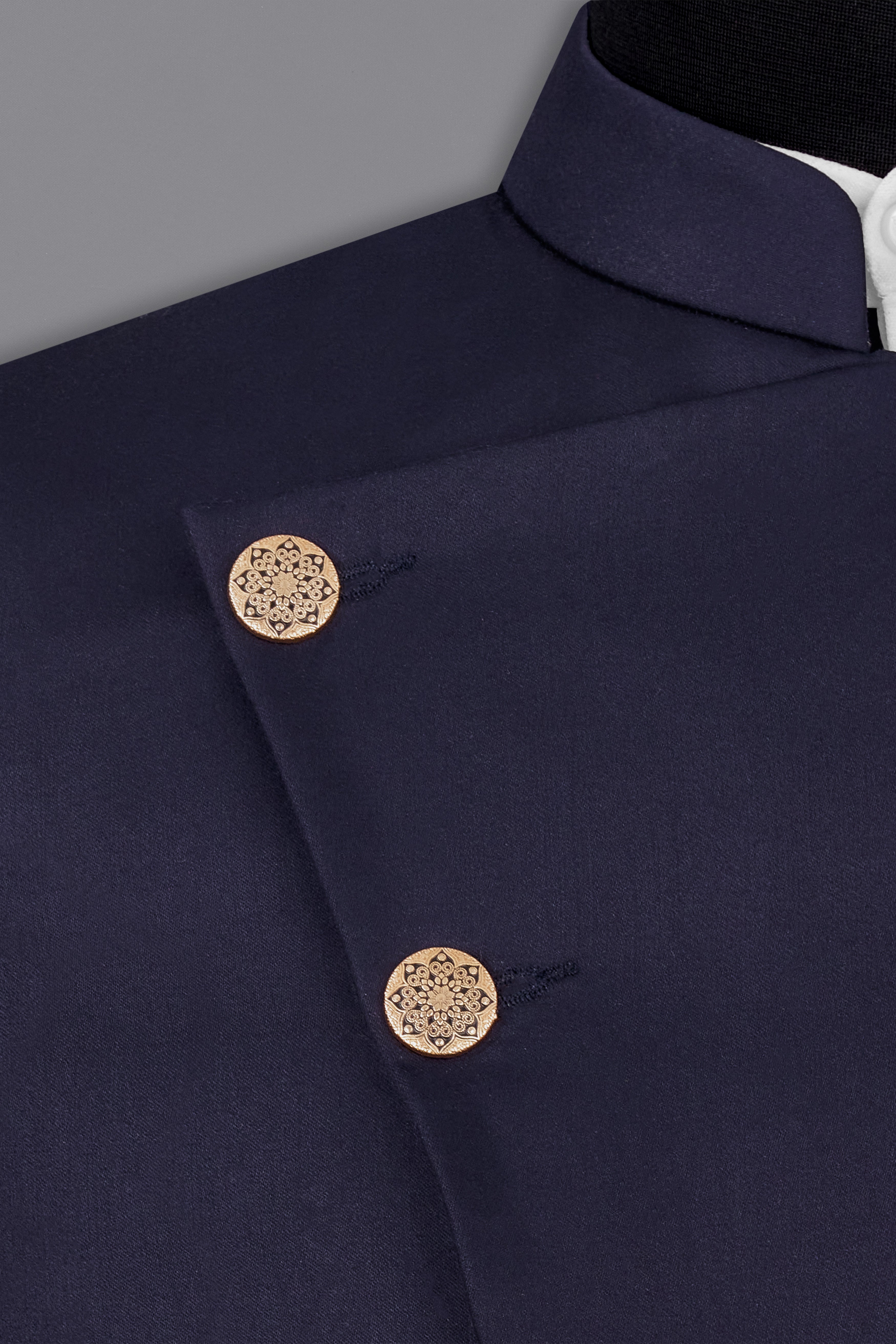 Navy Subtle Sheen Cross Placket Bandhgala/Mandarin Wool-Silk blend Suit