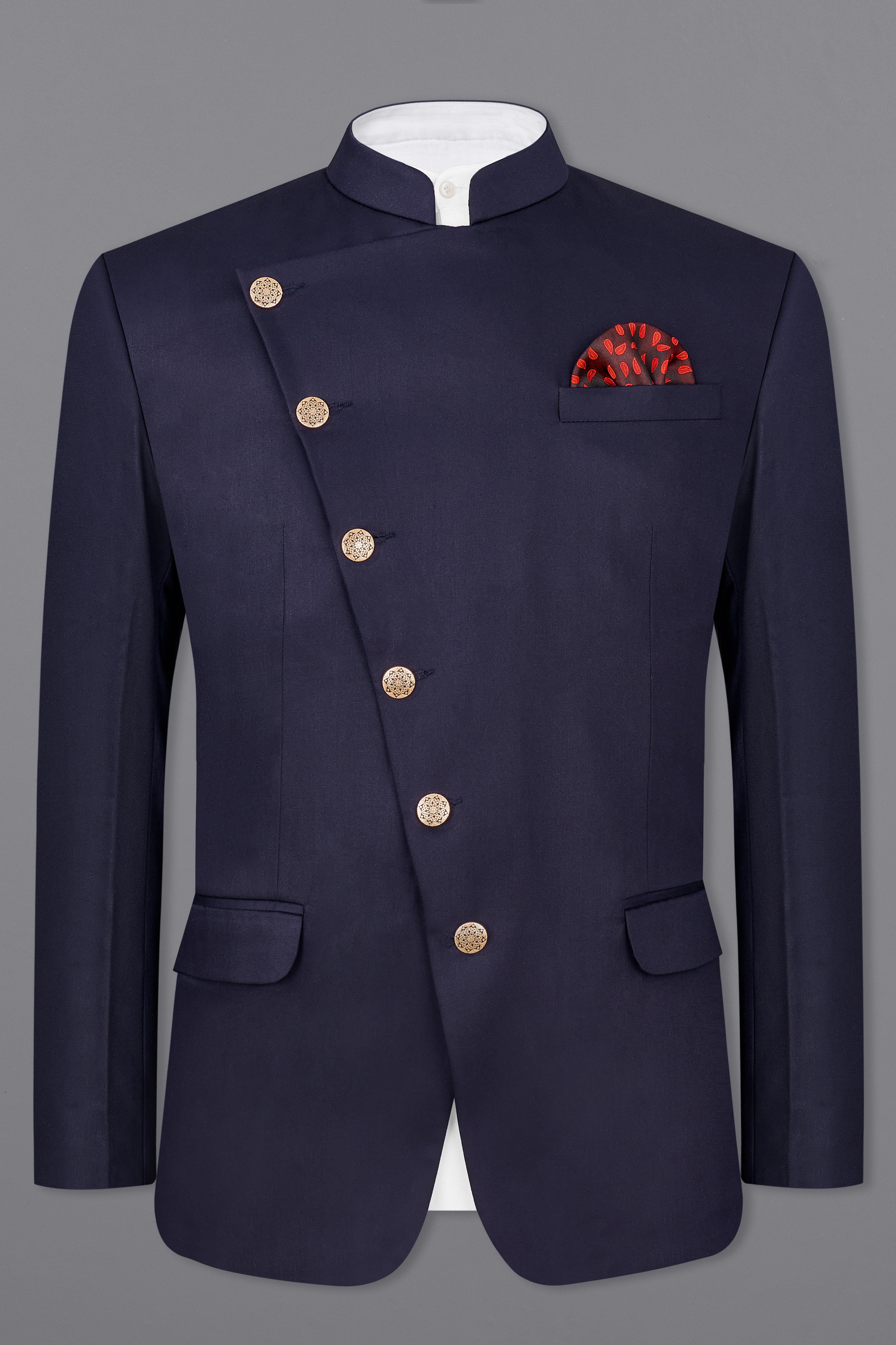 Navy Subtle Sheen Cross Placket Bandhgala/Mandarin Wool-Silk blend Suit