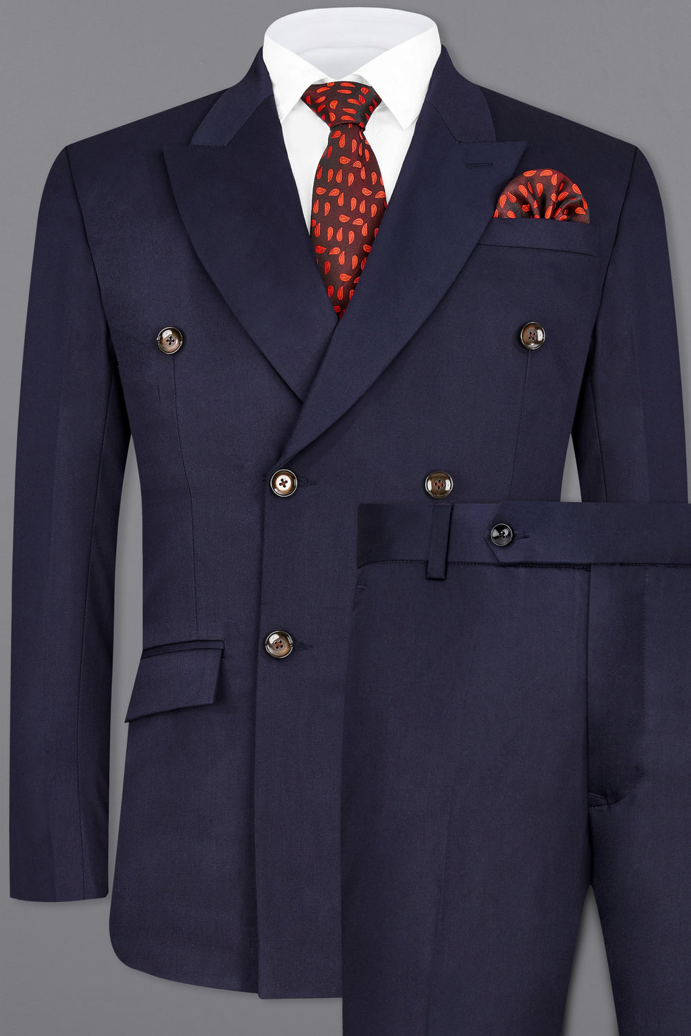 NAVY SUBTLE SHEEN WOOL BLEND DOUBLE BREASTED SUIT