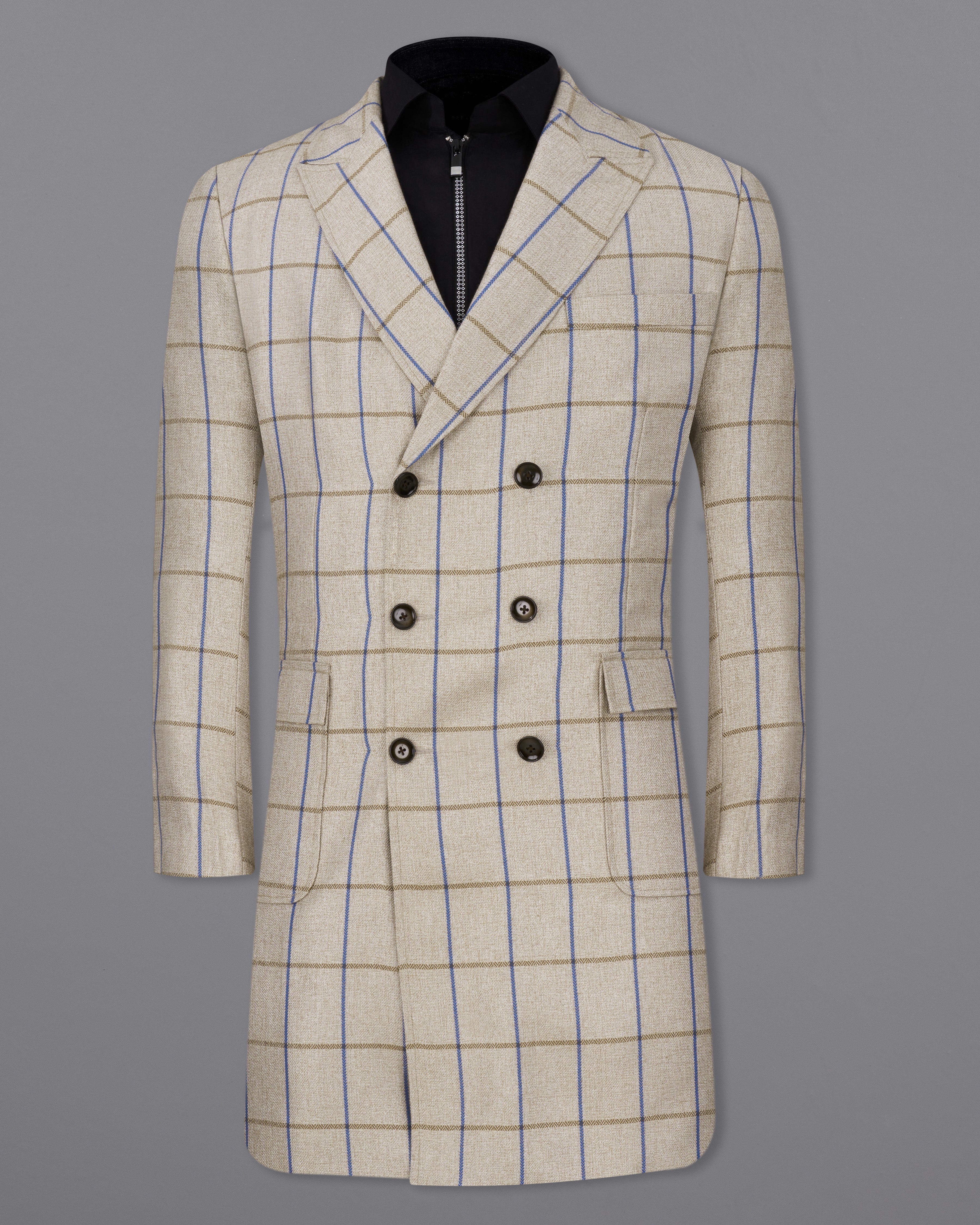 Coriander Cream Windowpane Double Breasted Trench Coat TCB2308-D74-36, TCB2308-D74-38, TCB2308-D74-40, TCB2308-D74-42, TCB2308-D74-44, TCB2308-D74-46, TCB2308-D74-48, TCB2308-D74-50, TCB2308-D74-52, TCB2308-D74-54, TCB2308-D74-56, TCB2308-D74-58, TCB2308-D74-60