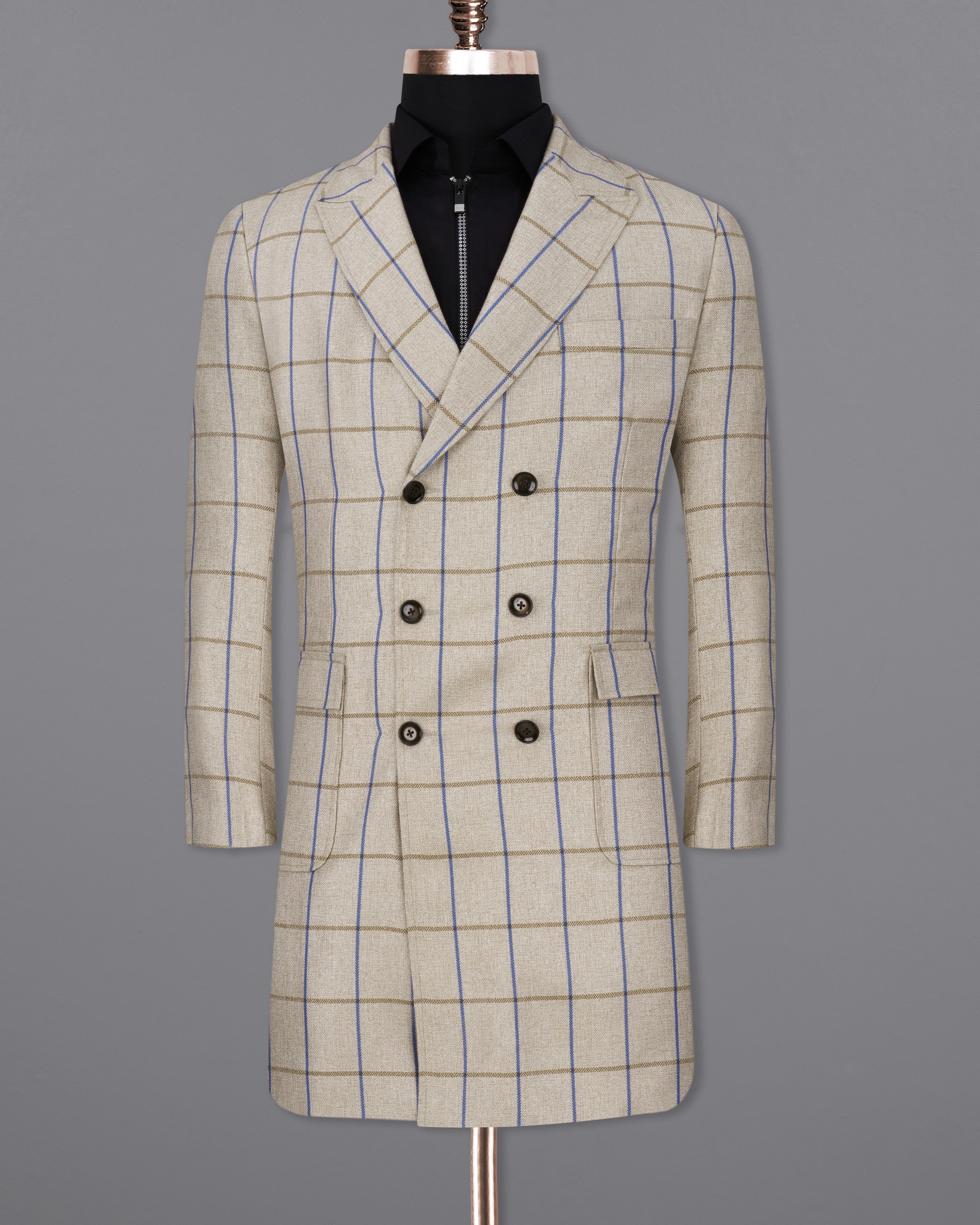 Coriander Cream Windowpane Double Breasted Trench Coat TCB2308-D74-36, TCB2308-D74-38, TCB2308-D74-40, TCB2308-D74-42, TCB2308-D74-44, TCB2308-D74-46, TCB2308-D74-48, TCB2308-D74-50, TCB2308-D74-52, TCB2308-D74-54, TCB2308-D74-56, TCB2308-D74-58, TCB2308-D74-60