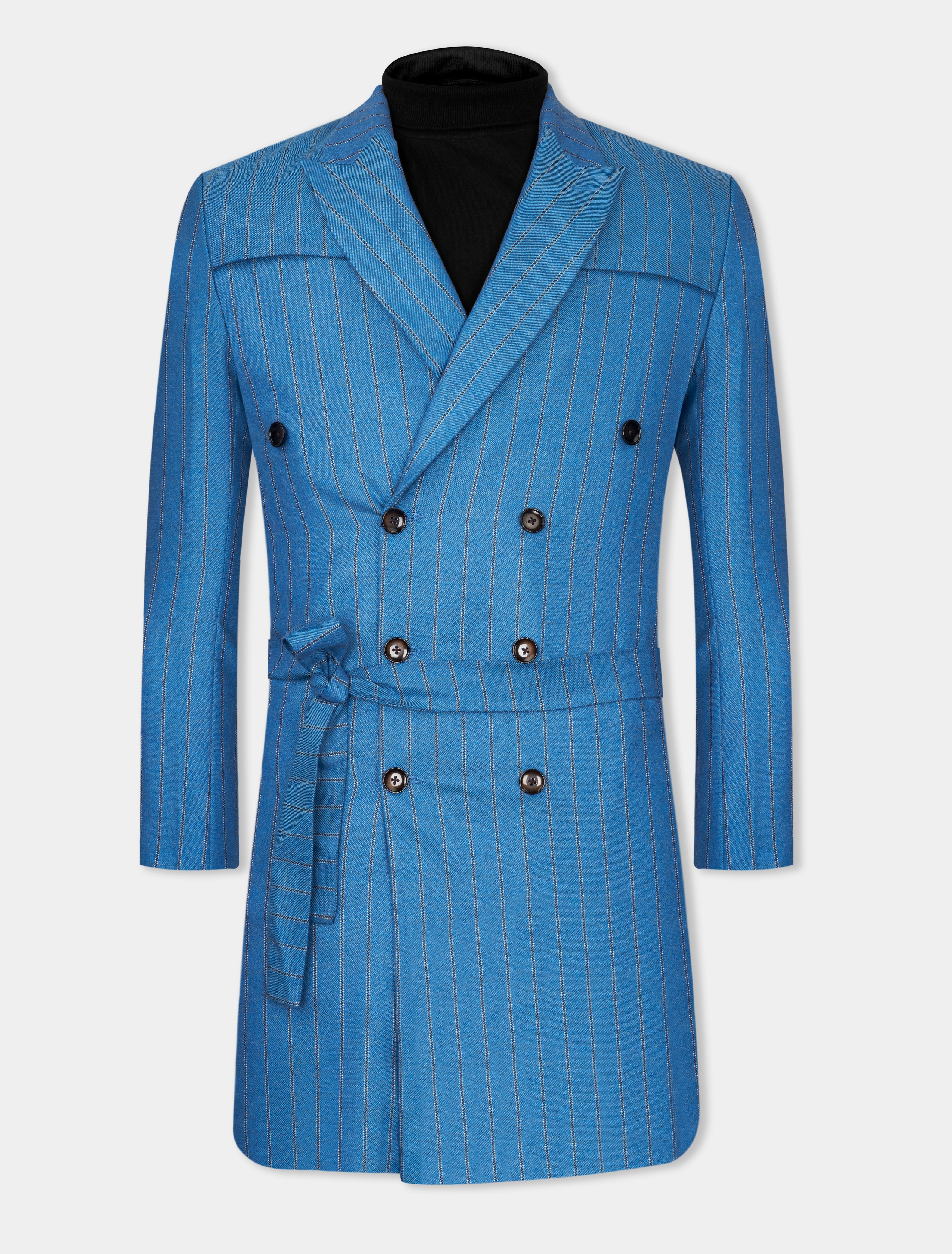 Wedgewood Blue Subtle Striped Double Breasted Tweed Designer Trench Coat