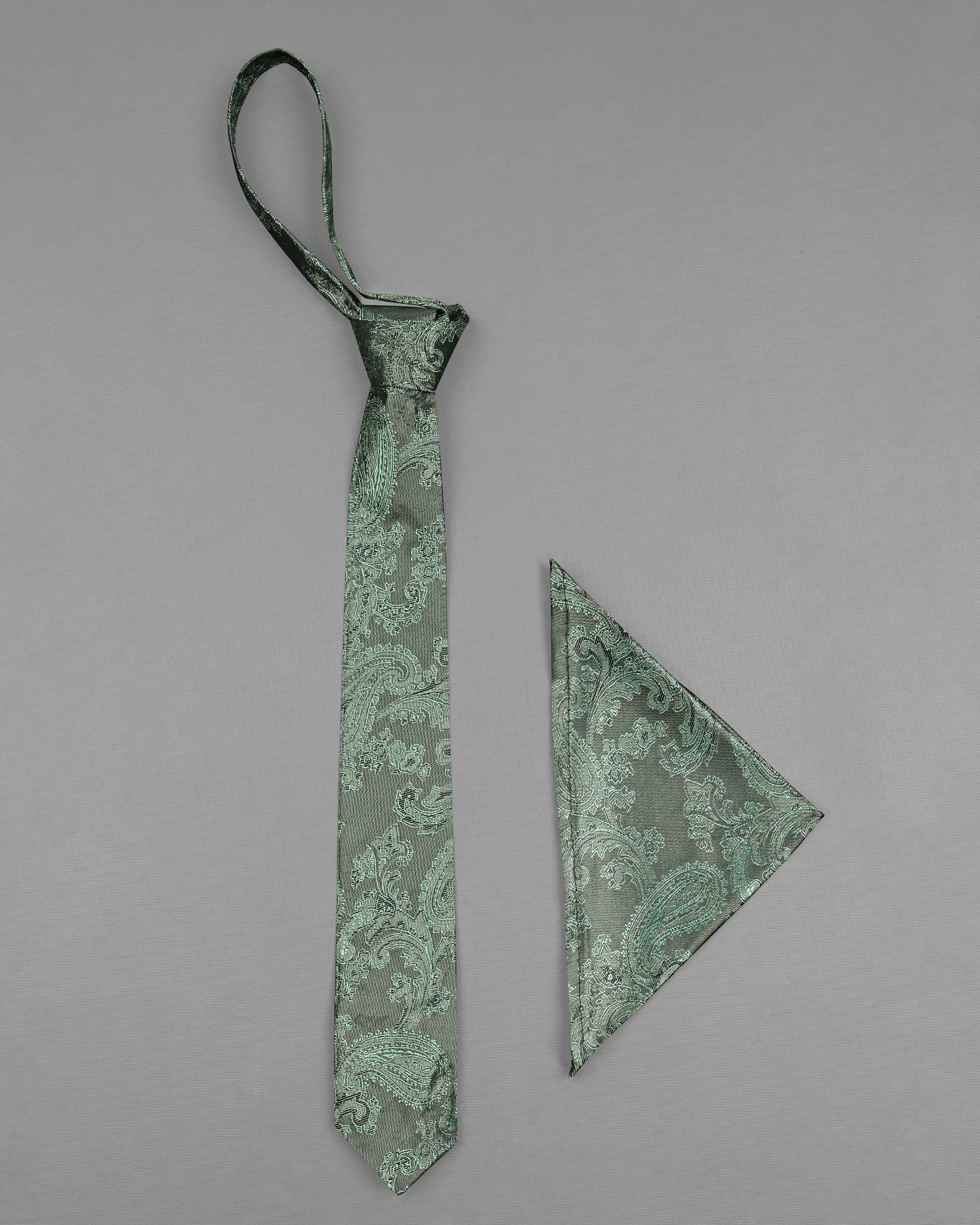 Sirocco Gray and Skeptic Dark Green Two Tone Paisley Jacquard Tie with Pocket Square TP036