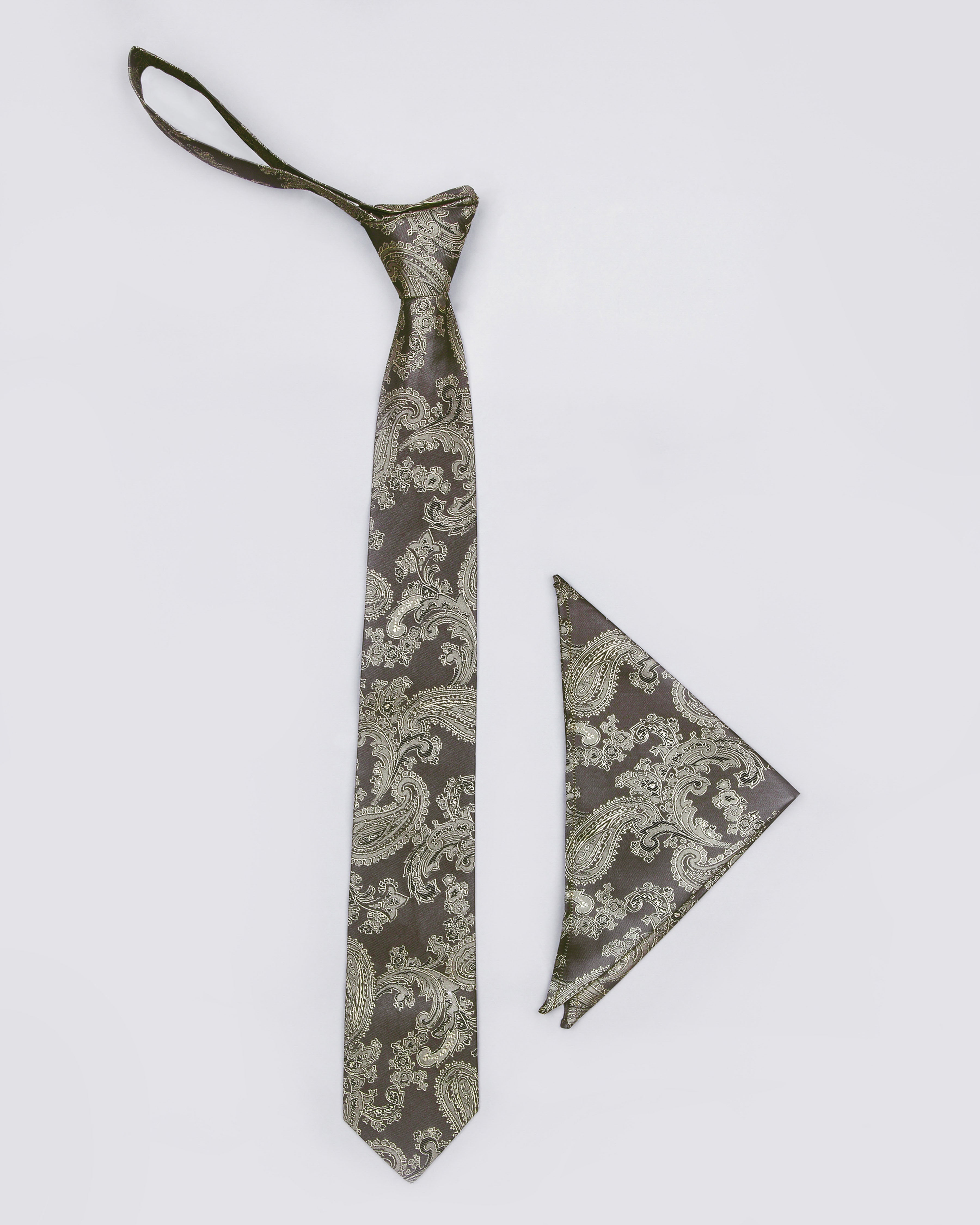 Olive Grey Paisley Jacquard Tie with Free Pocket square