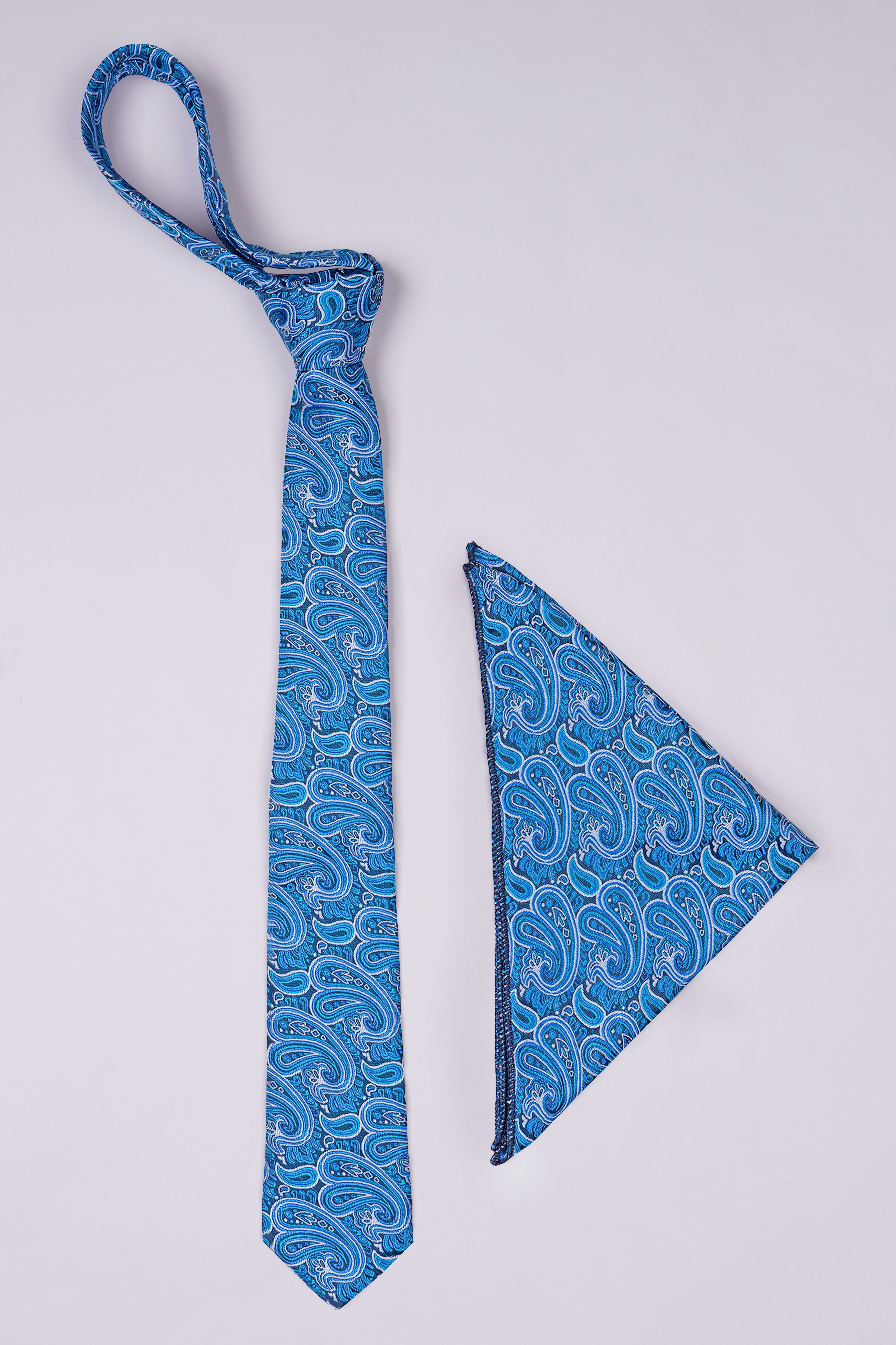 Medium Persian Blue and White Paisley Jacquard Tie with Pocket Square  TP050