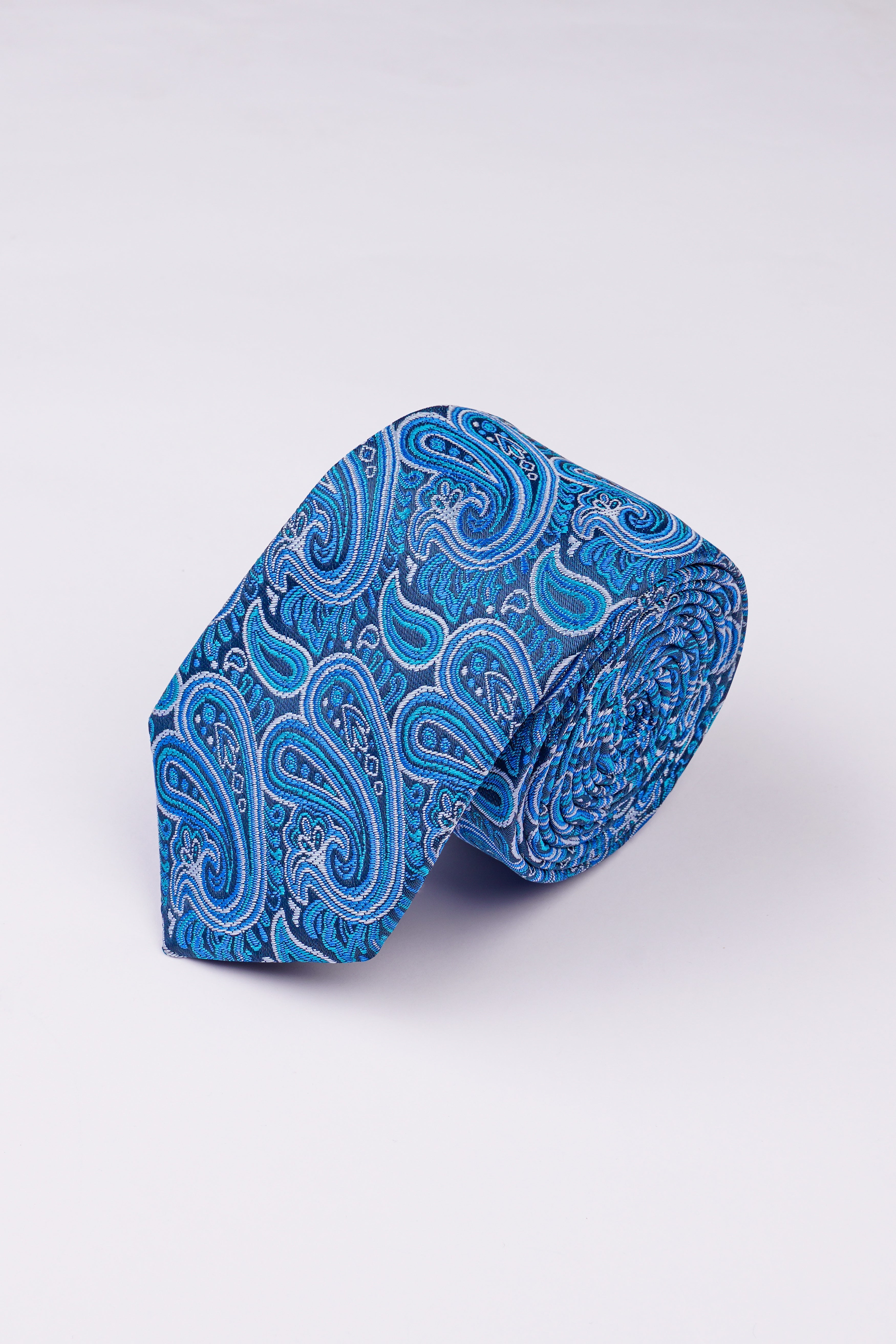 Medium Persian Blue and White Paisley Jacquard Tie with Pocket Square  TP050