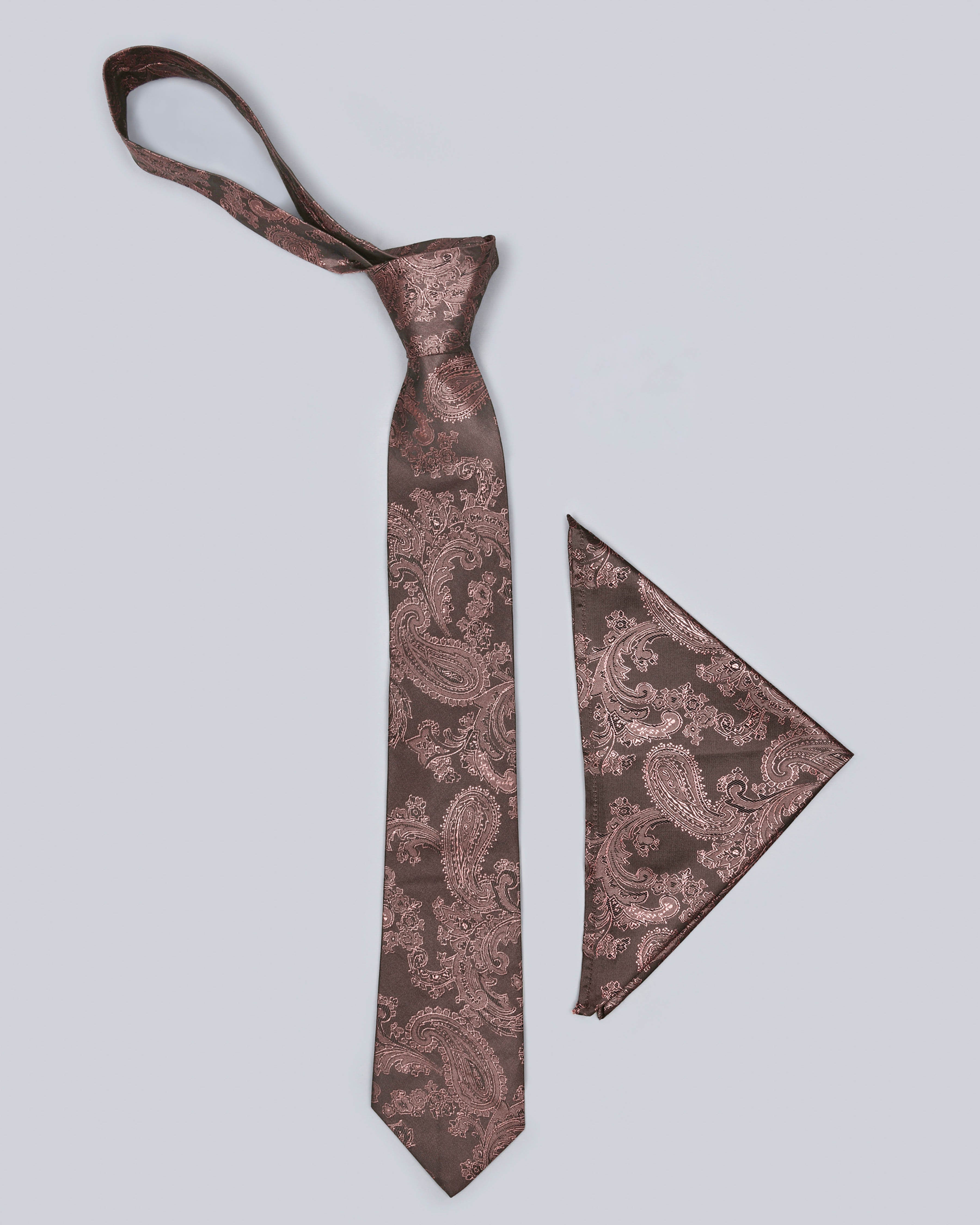 Walnut Brown Paisley Jacquard Tie with Free Pocket square