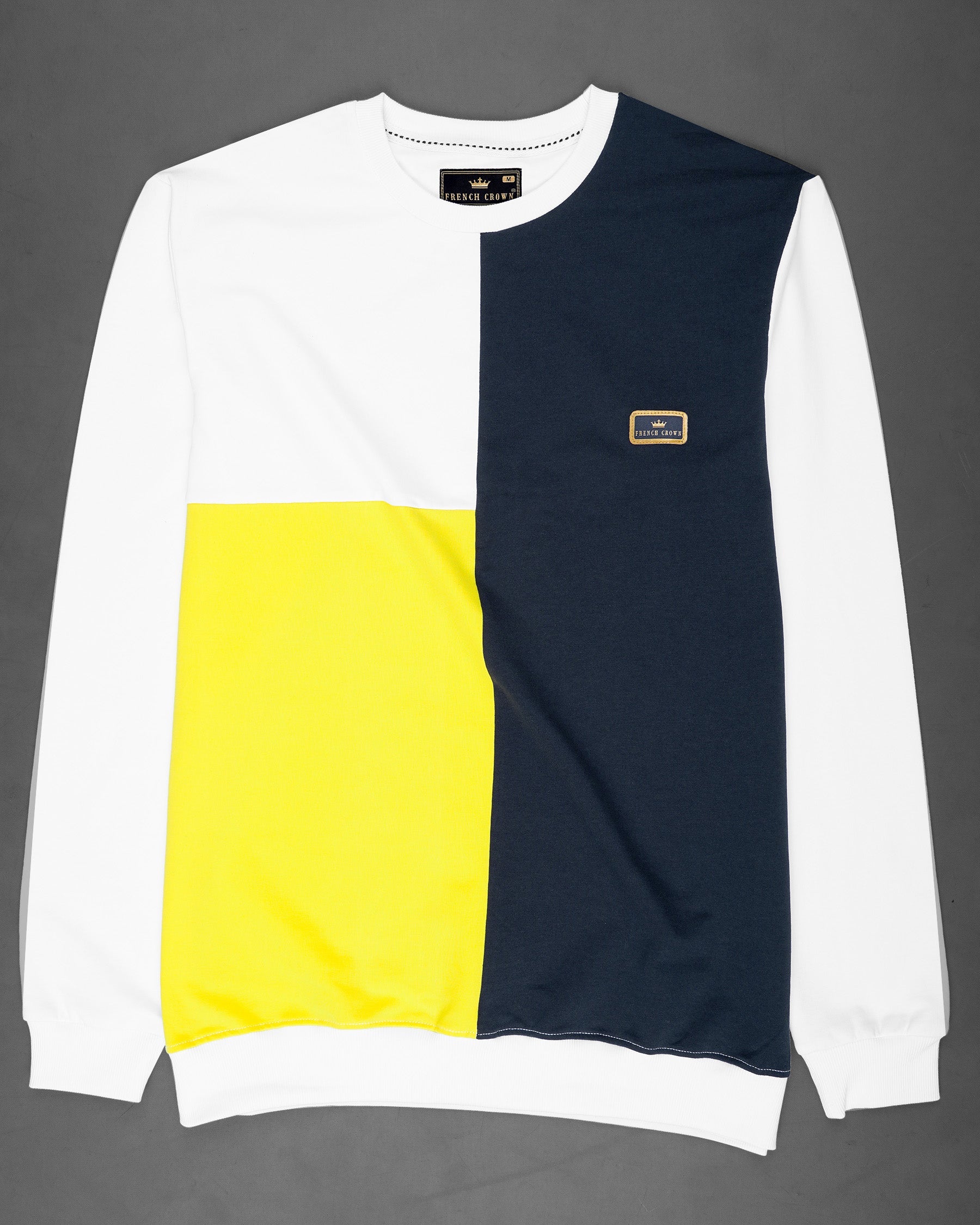 Bright White with Mirage Navy Blue and Aureolin Yellow Colour Block Sweatshirt TS589-S, TS589-M, TS589-L, TS589-XL, TS589-XXL, TS589-3XL, TS589-4XL