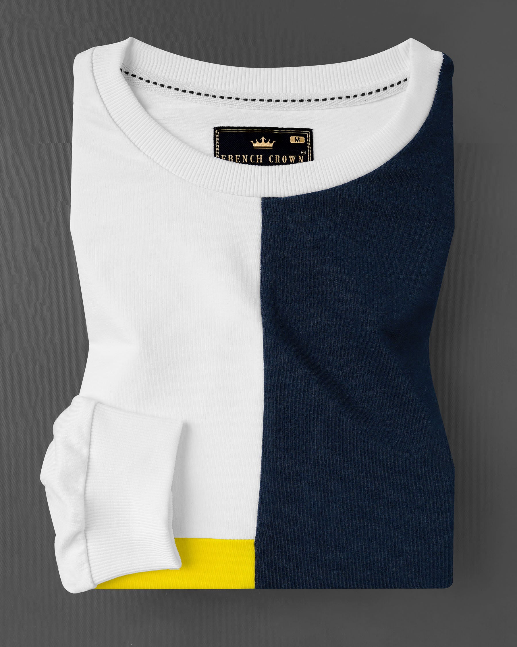 Bright White with Mirage Navy Blue and Aureolin Yellow Colour Block Sweatshirt TS589-S, TS589-M, TS589-L, TS589-XL, TS589-XXL, TS589-3XL, TS589-4XL