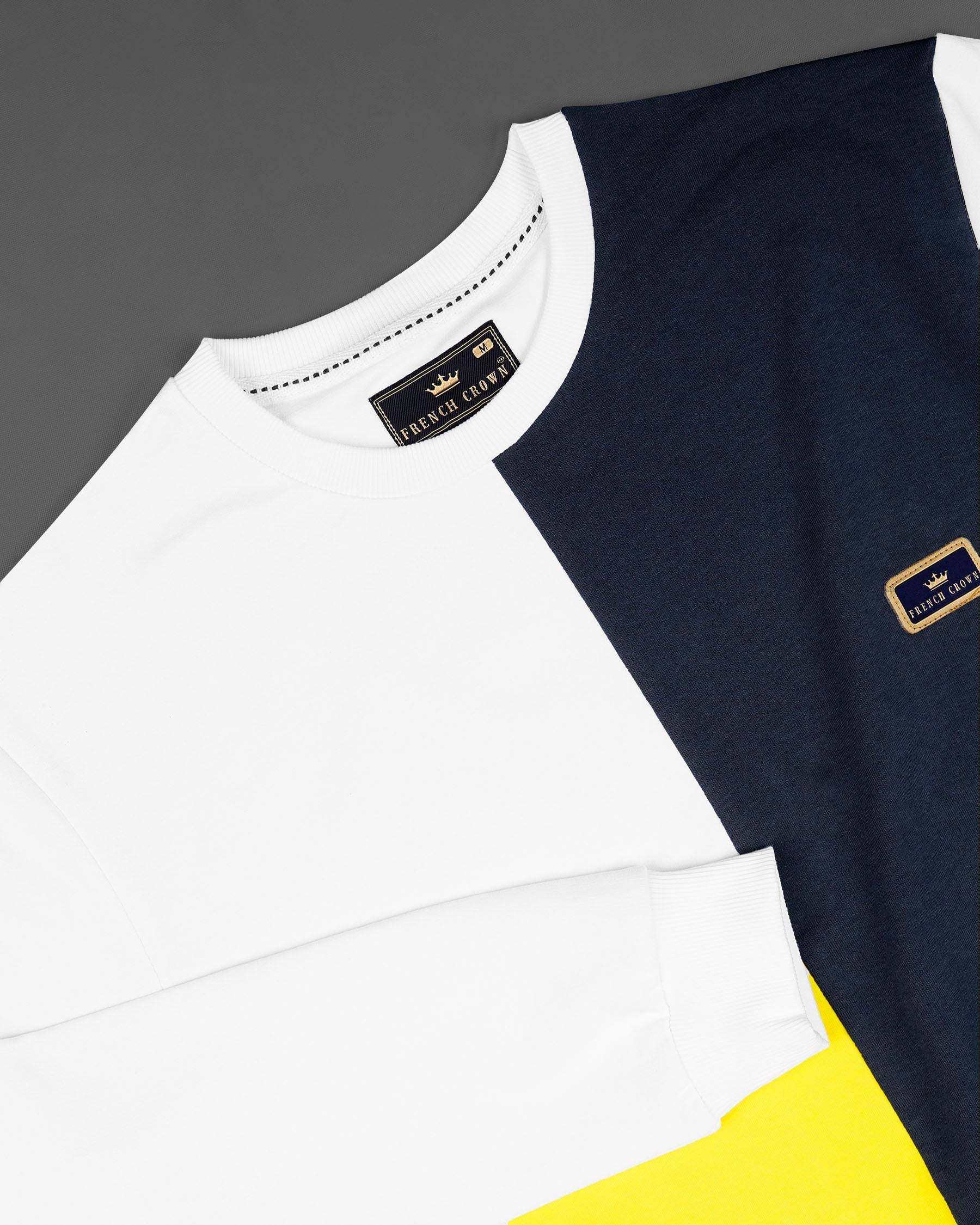 Bright White with Mirage Navy Blue and Aureolin Yellow Colour Block Sweatshirt TS589-S, TS589-M, TS589-L, TS589-XL, TS589-XXL, TS589-3XL, TS589-4XL