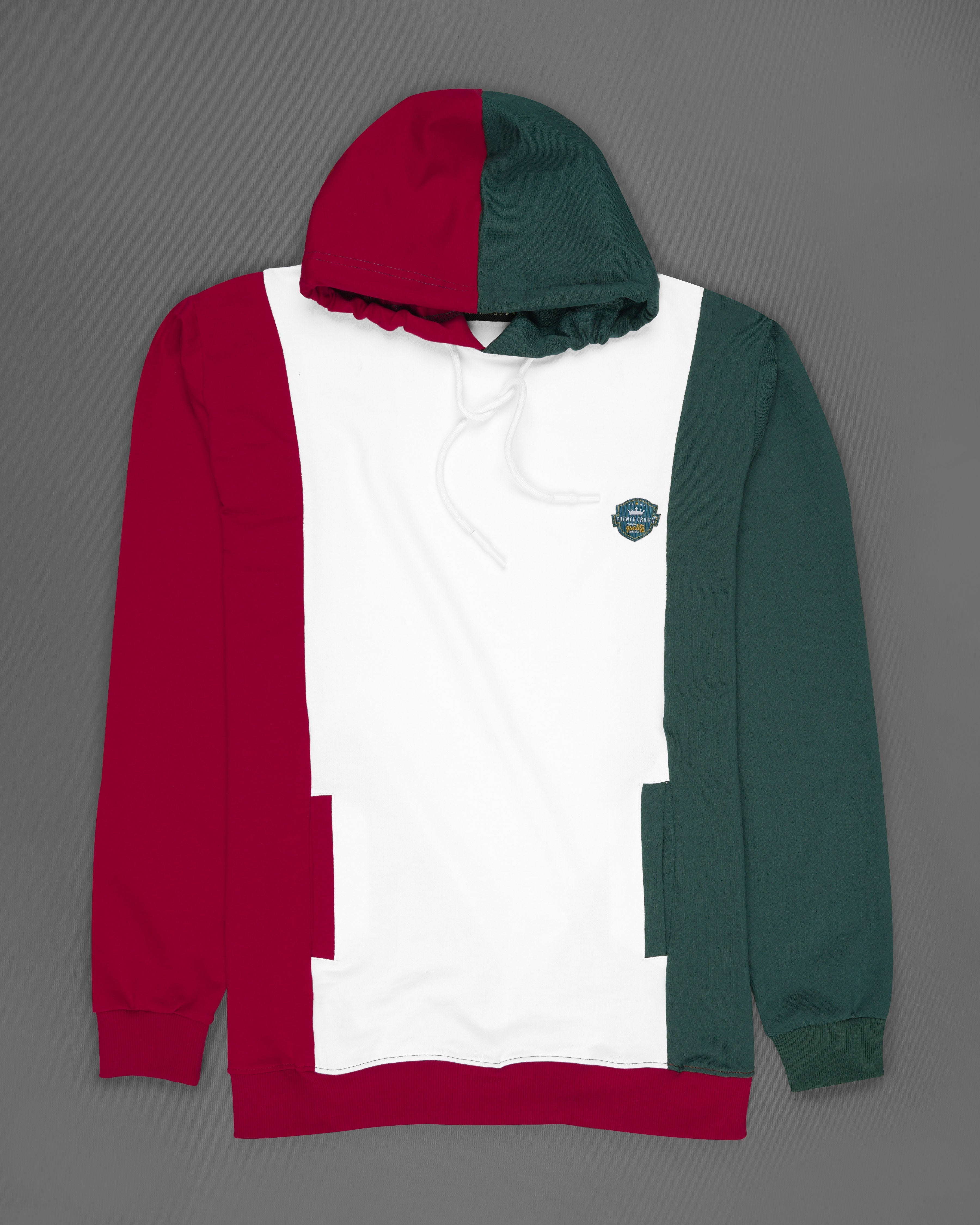 Bright White with Claret Red and Everglade Green Block Pattern Super Soft Premium Cotton Hoodie Sweatshirt TS609-S, TS609-M, TS609-L, TS609-XL, TS609-XXL, TS609-3XL, TS609-4XL