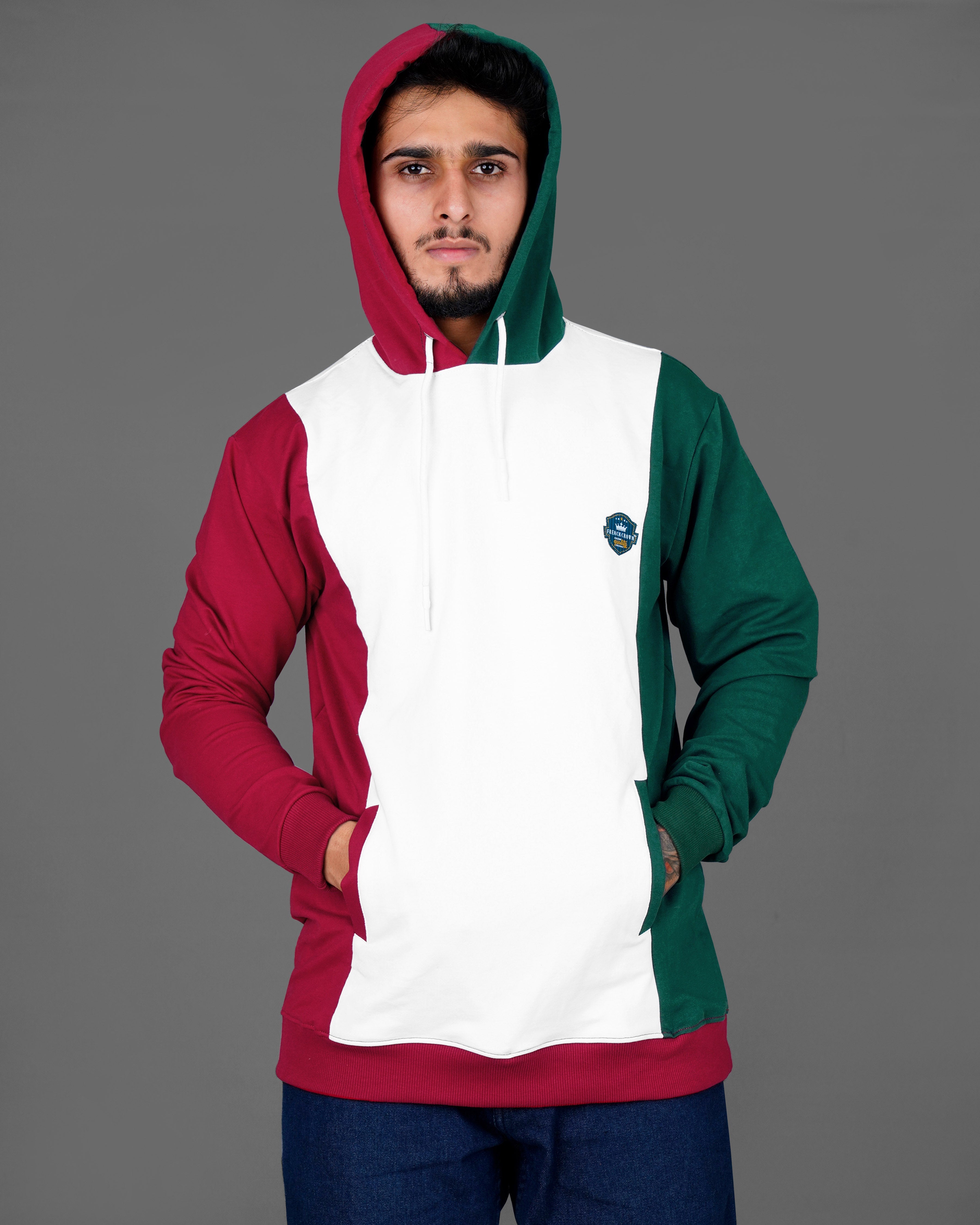 Bright White with Claret Red and Everglade Green Block Pattern Super Soft Premium Cotton Hoodie Sweatshirt TS609-S, TS609-M, TS609-L, TS609-XL, TS609-XXL, TS609-3XL, TS609-4XL