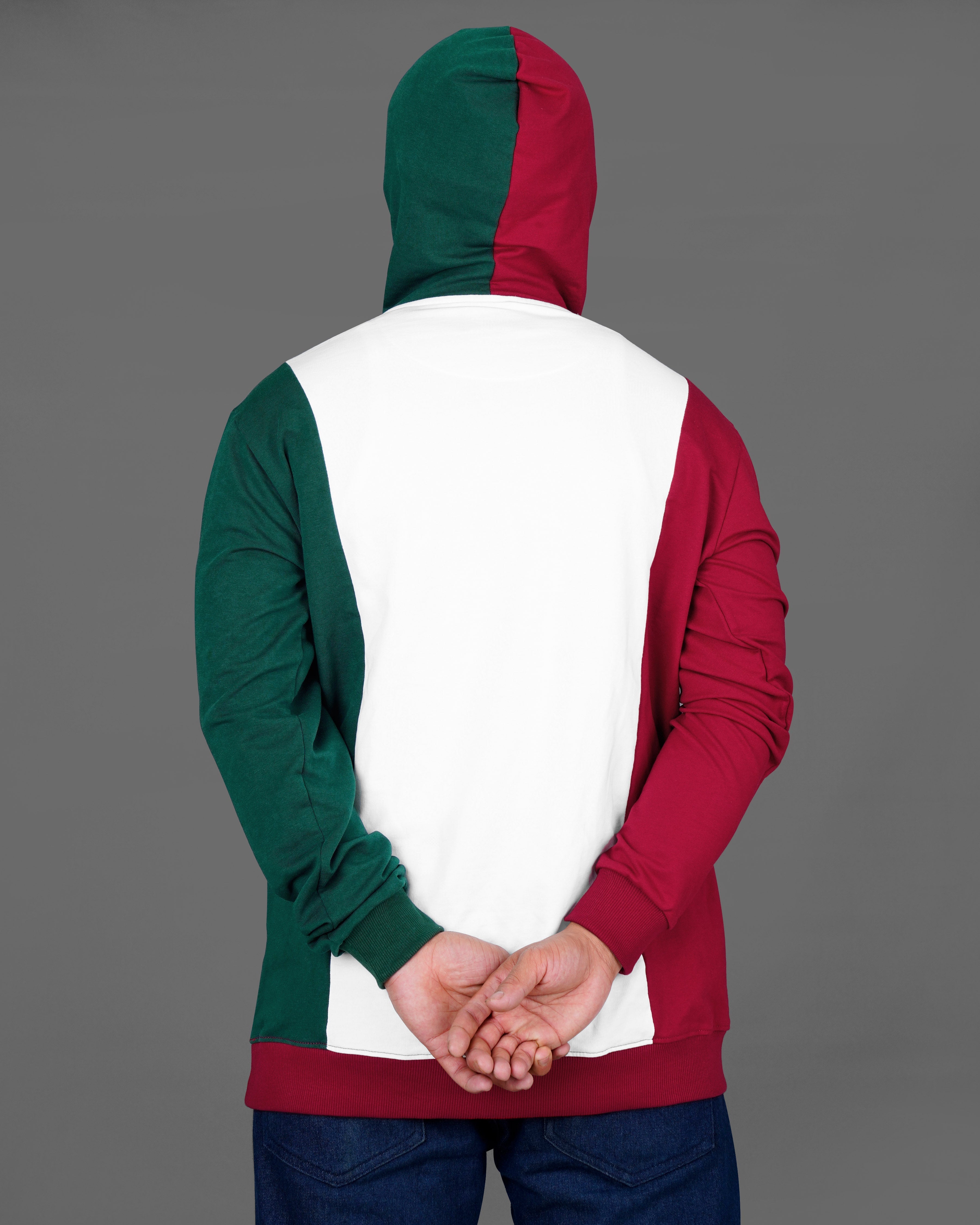 Bright White with Claret Red and Everglade Green Block Pattern Super Soft Premium Cotton Hoodie Sweatshirt TS609-S, TS609-M, TS609-L, TS609-XL, TS609-XXL, TS609-3XL, TS609-4XL