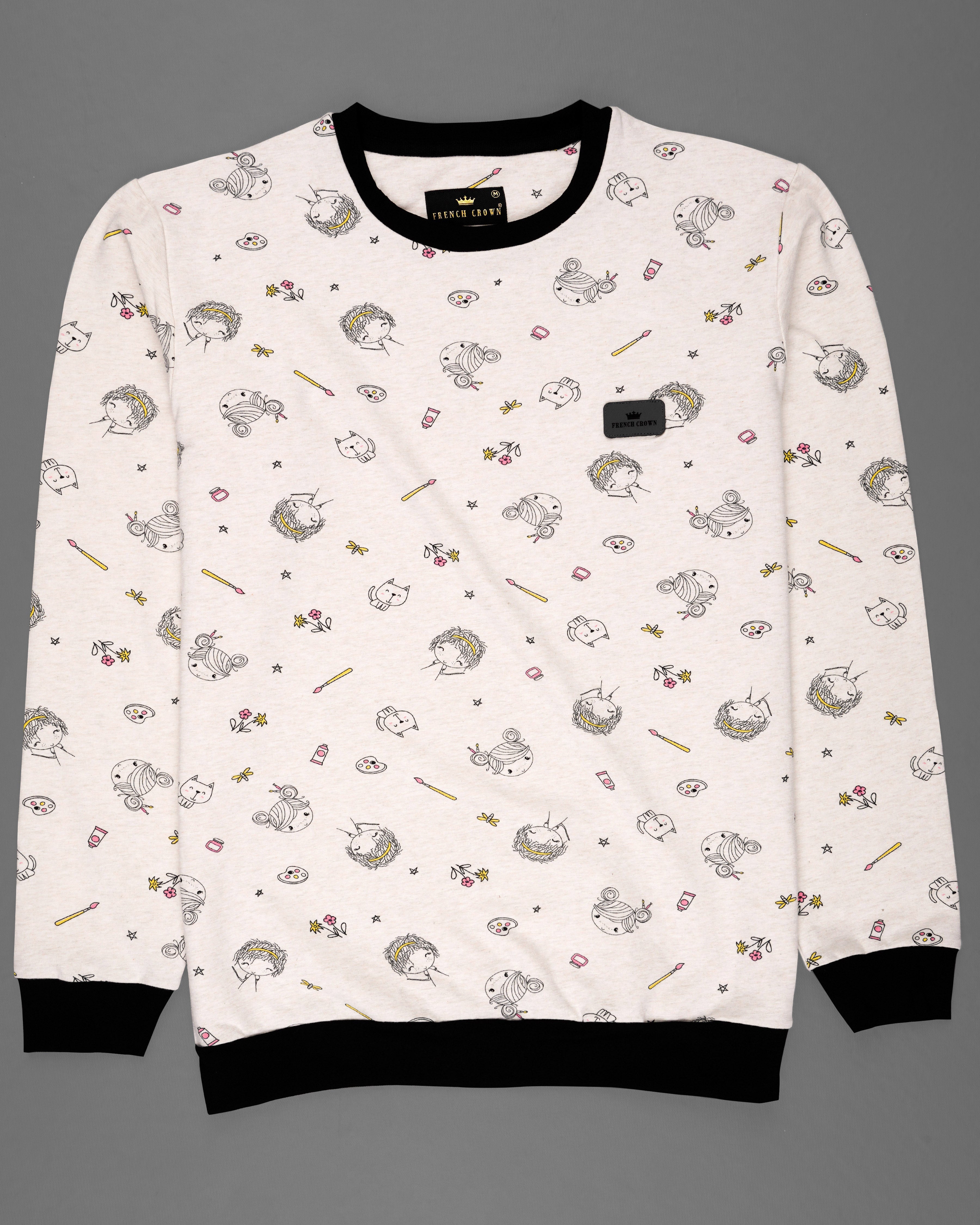 Merino Cream with Jade Black Quirky Printed Full Sleeve Premium Cotton Jersey Sweatshirt TS634-M, TS634-M, TS634-L, TS634-XL, TS634-XXL, TS634-3XL, TS634-4XL