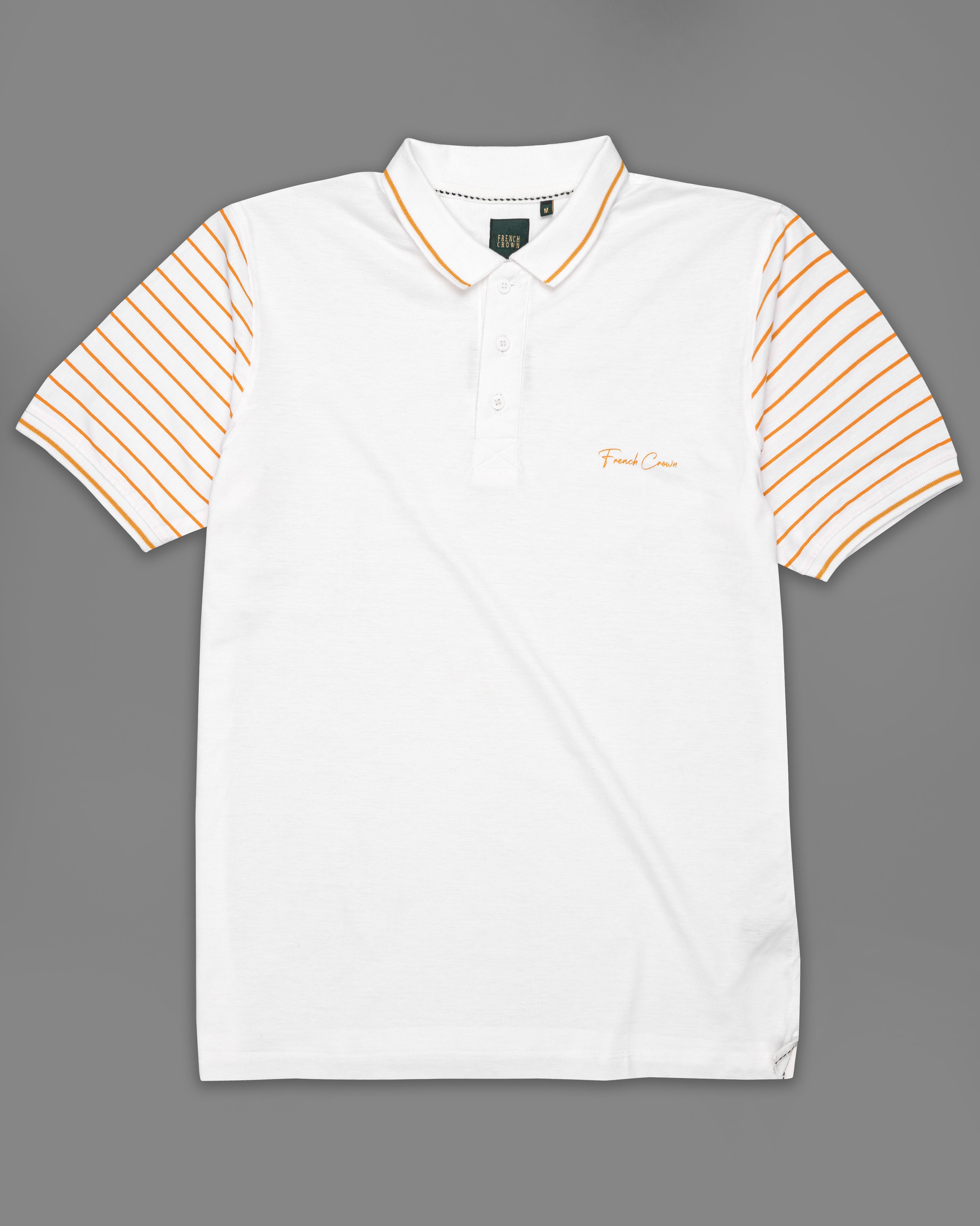 Bright White with Striped Printed Organic Cotton Pique Polo TS828-S, TS828-M, TS828-L, TS828-XL, TS828-XXL