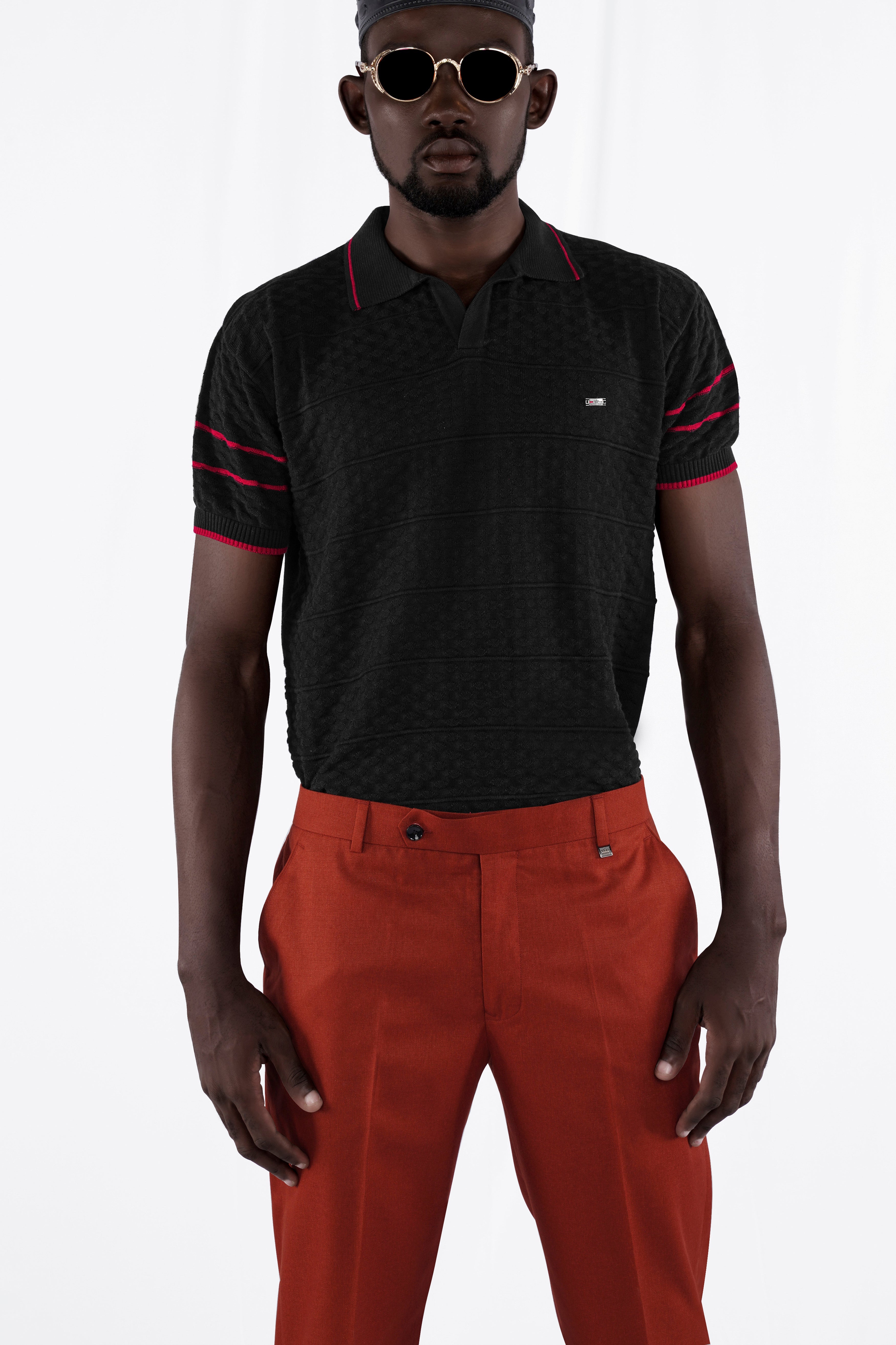 Bunker Black Jacquard Textured Flat-Knit Premium Cotton Polo