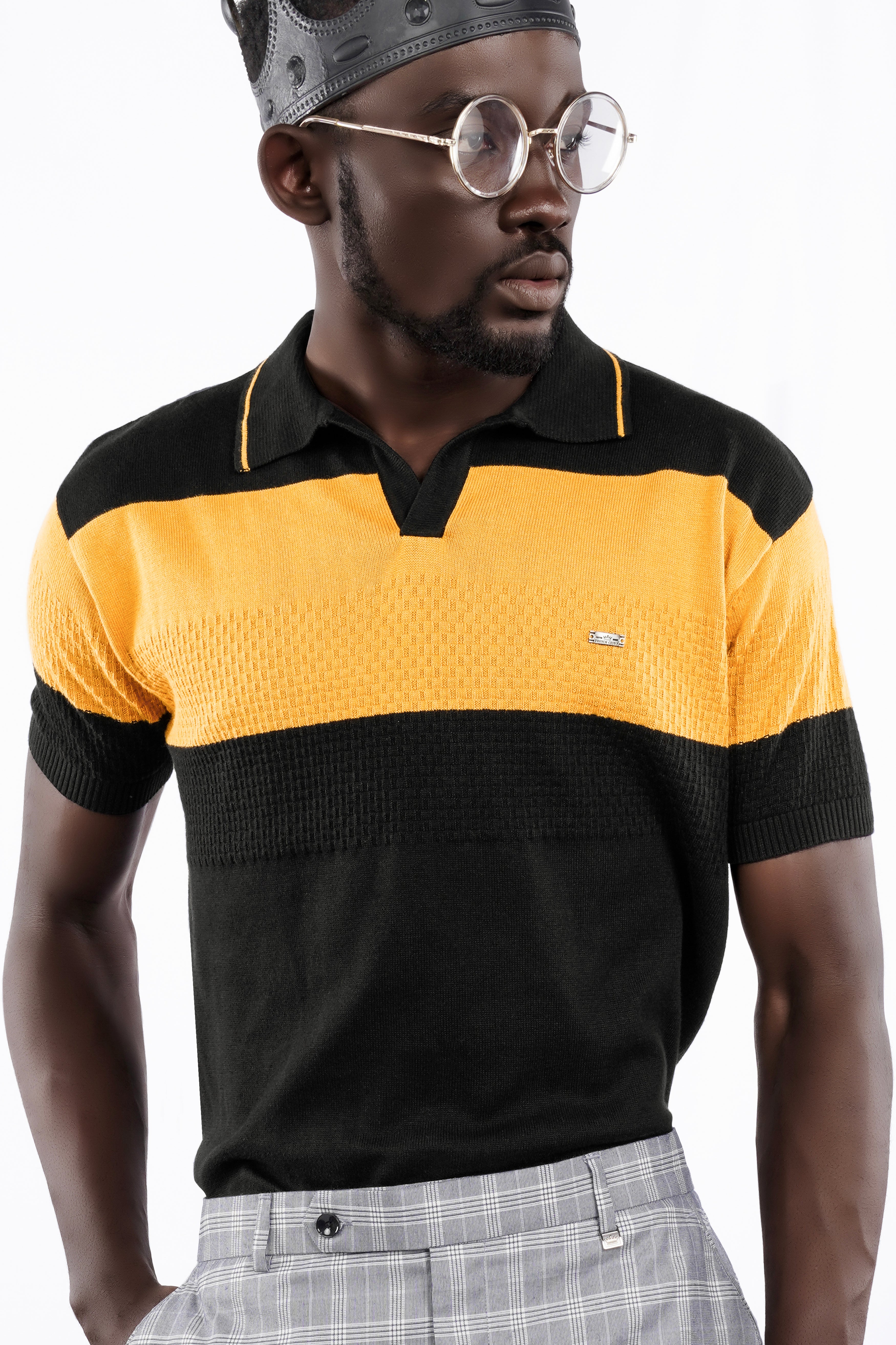 Jade Black and Butterscotch Yellow Jacquard Textured Flat-Knit Premium Cotton Polo