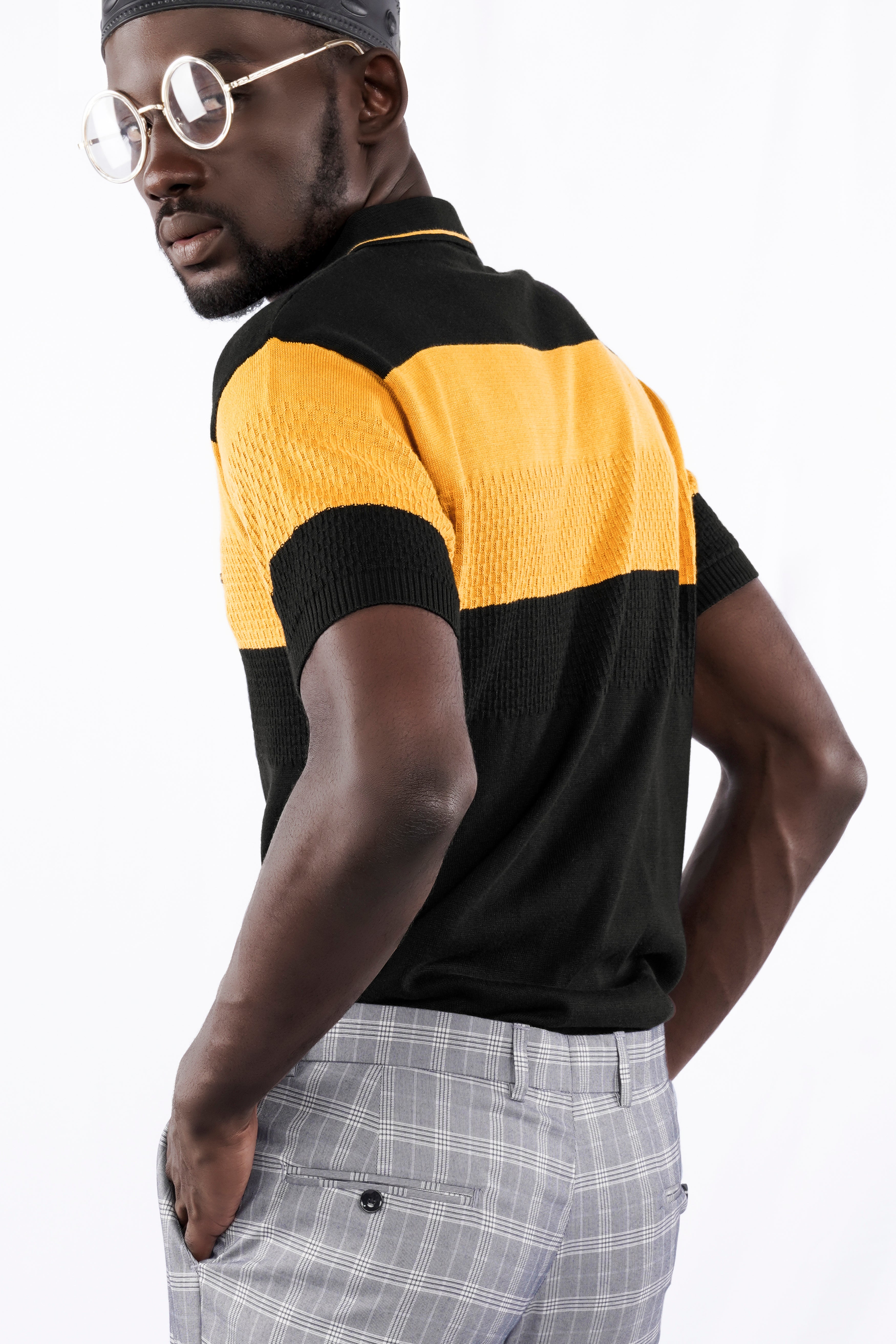 Jade Black and Butterscotch Yellow Jacquard Textured Flat-Knit Premium Cotton Polo