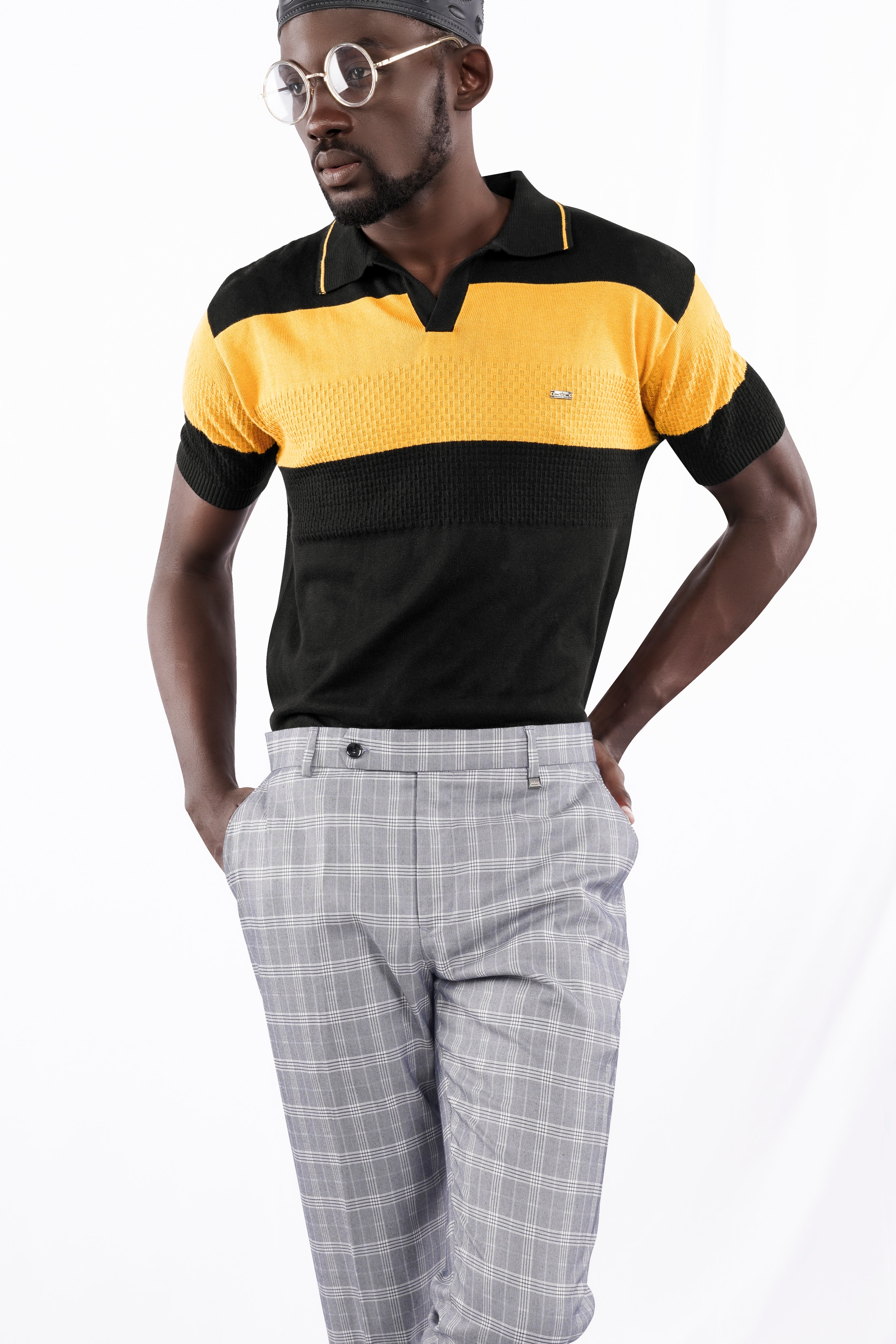 Jade Black and Butterscotch Yellow Jacquard Textured Flat-Knit Premium Cotton Polo