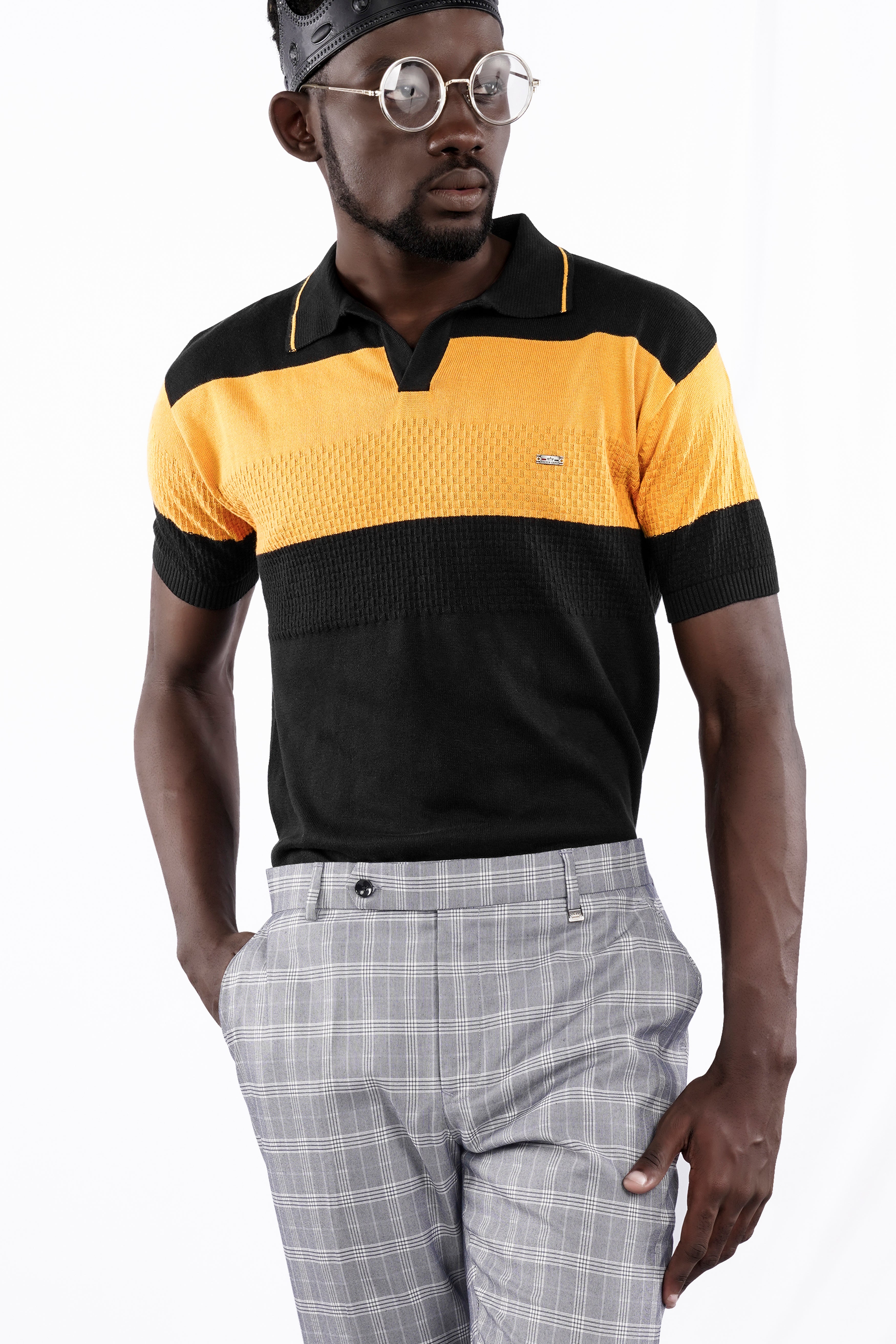 Jade Black and Butterscotch Yellow Jacquard Textured Flat-Knit Premium Cotton Polo