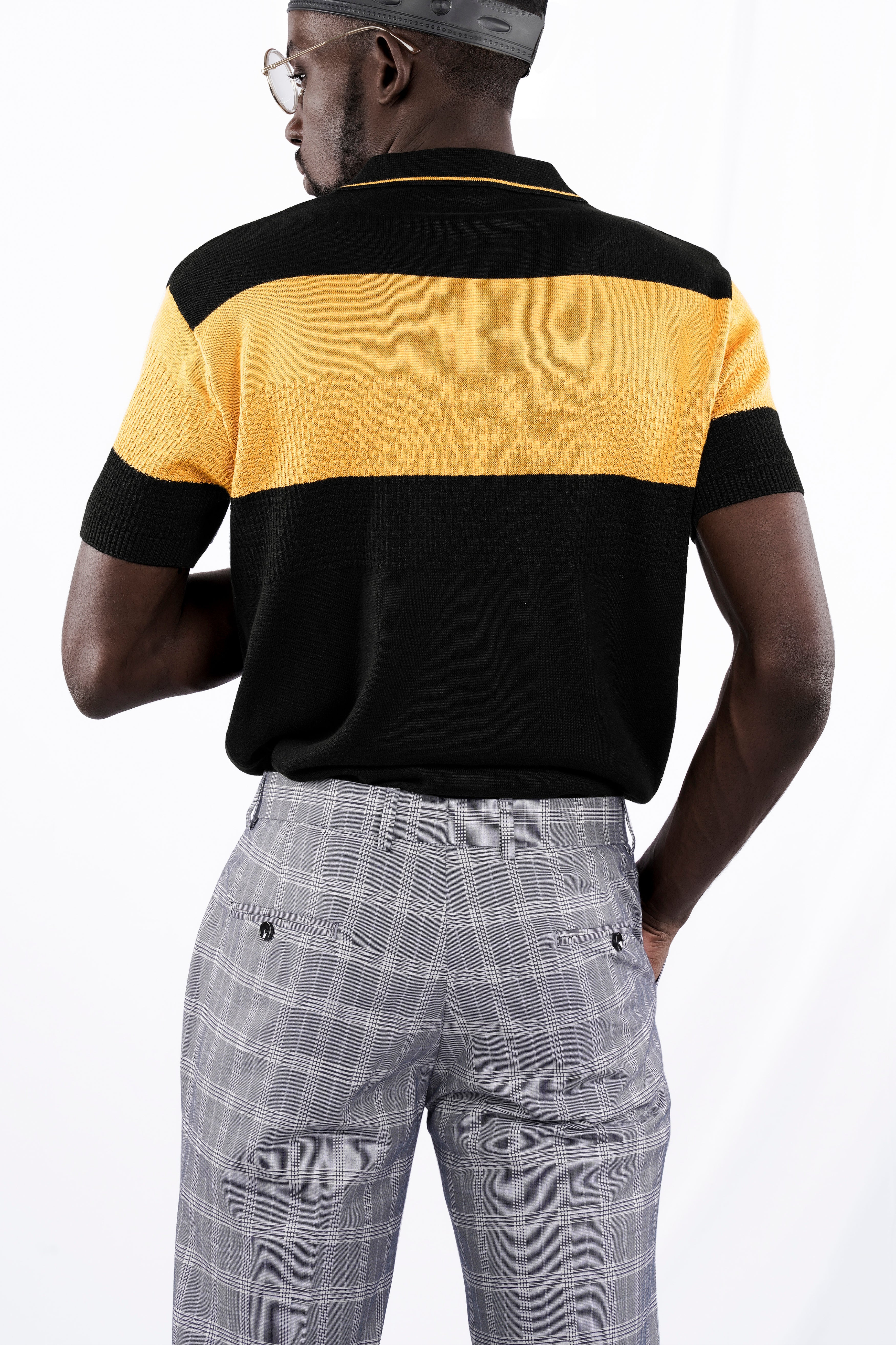 Jade Black and Butterscotch Yellow Jacquard Textured Flat-Knit Premium Cotton Polo