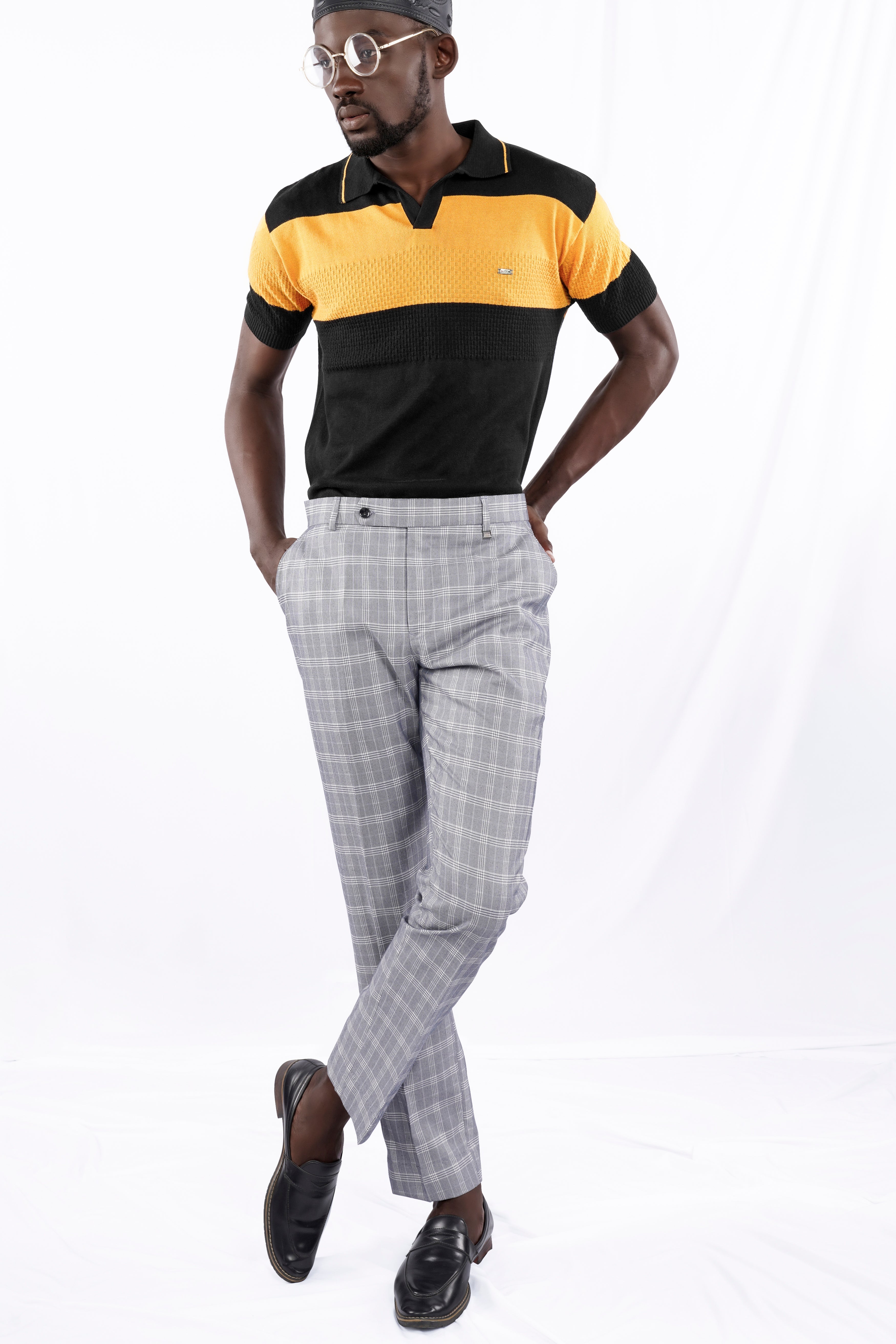 Jade Black and Butterscotch Yellow Jacquard Textured Flat-Knit Premium Cotton Polo