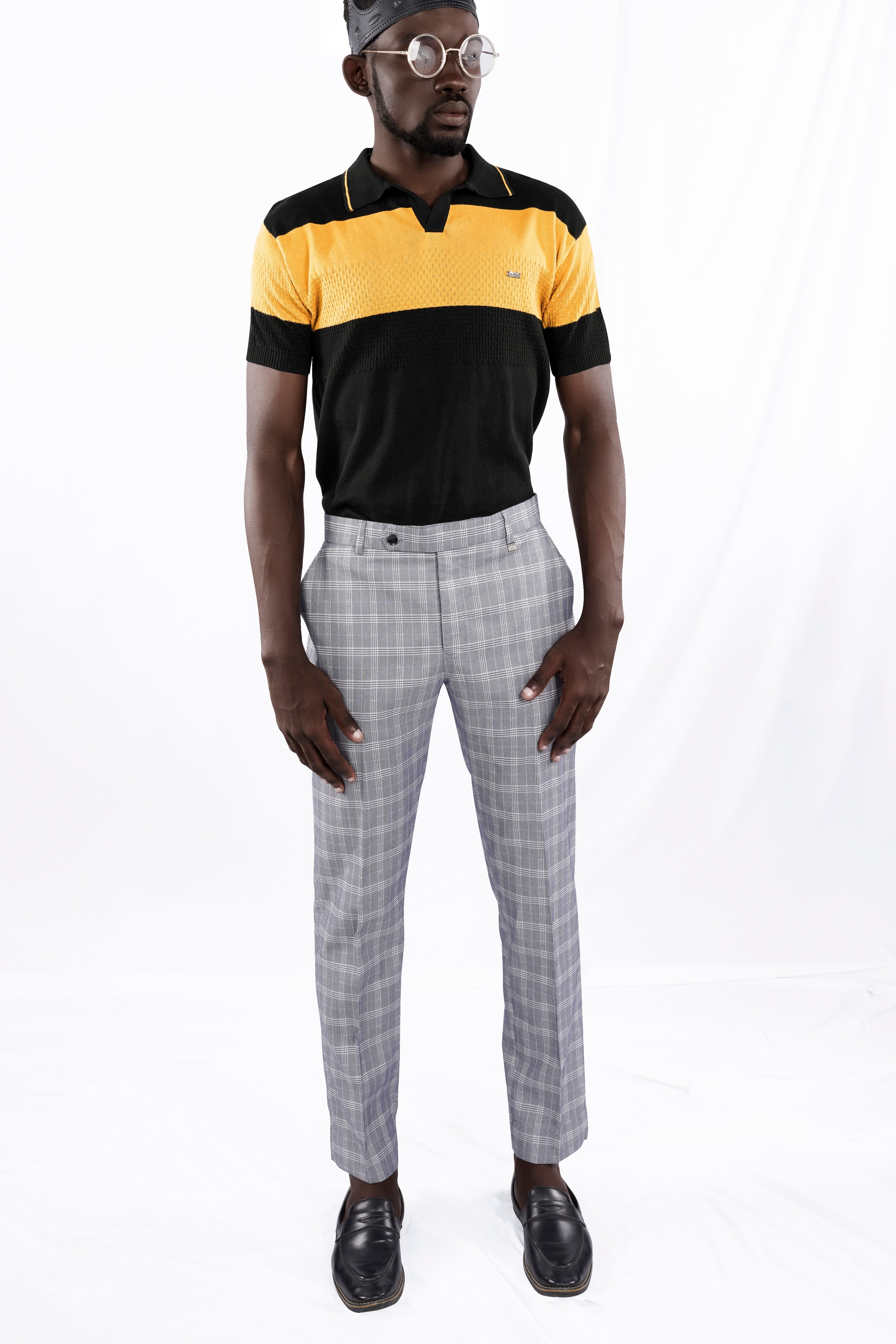 Jade Black and Butterscotch Yellow Jacquard Textured Flat-Knit Premium Cotton Polo