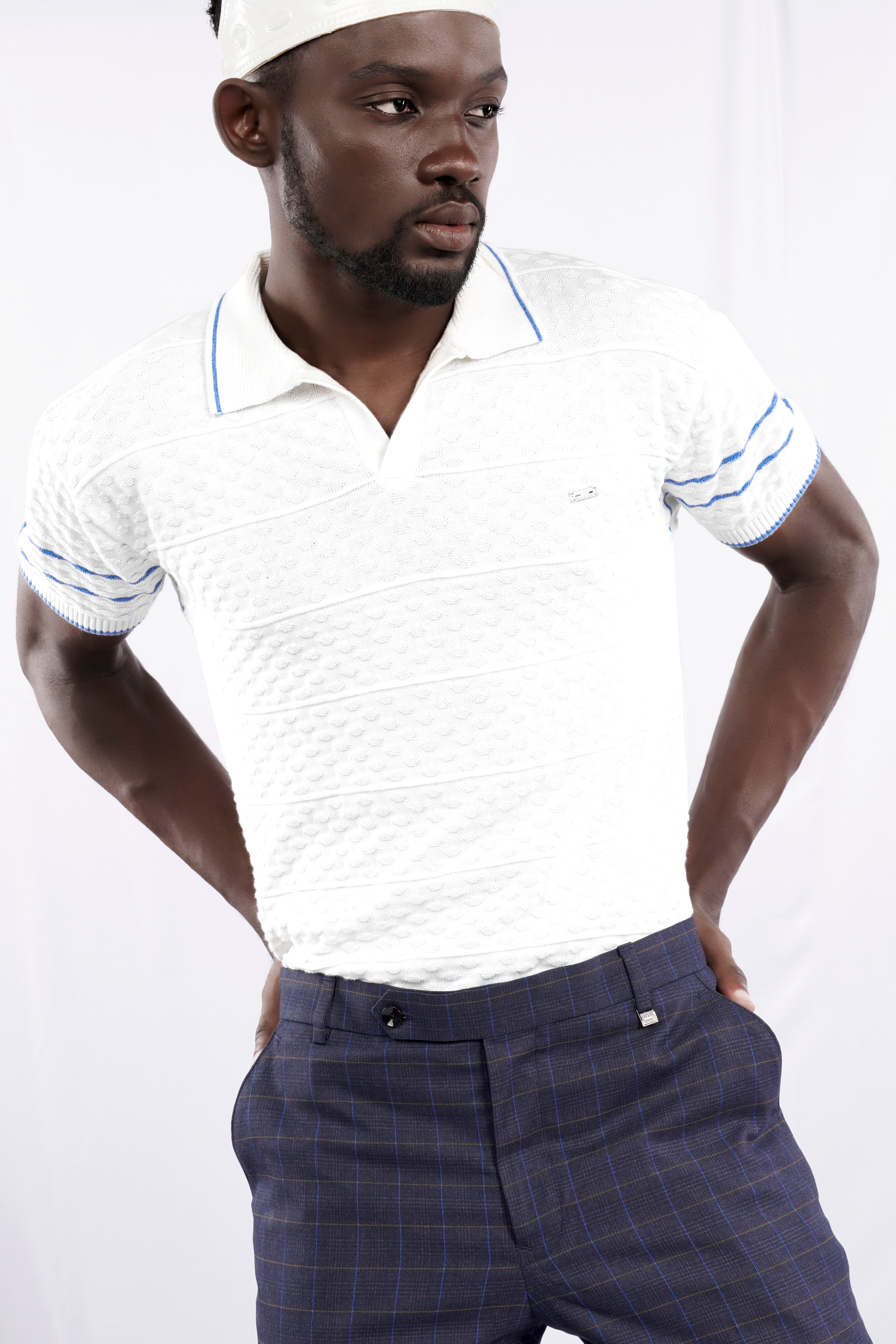 Bright White Jacquard Textured Flat-Knit Premium Cotton Polo