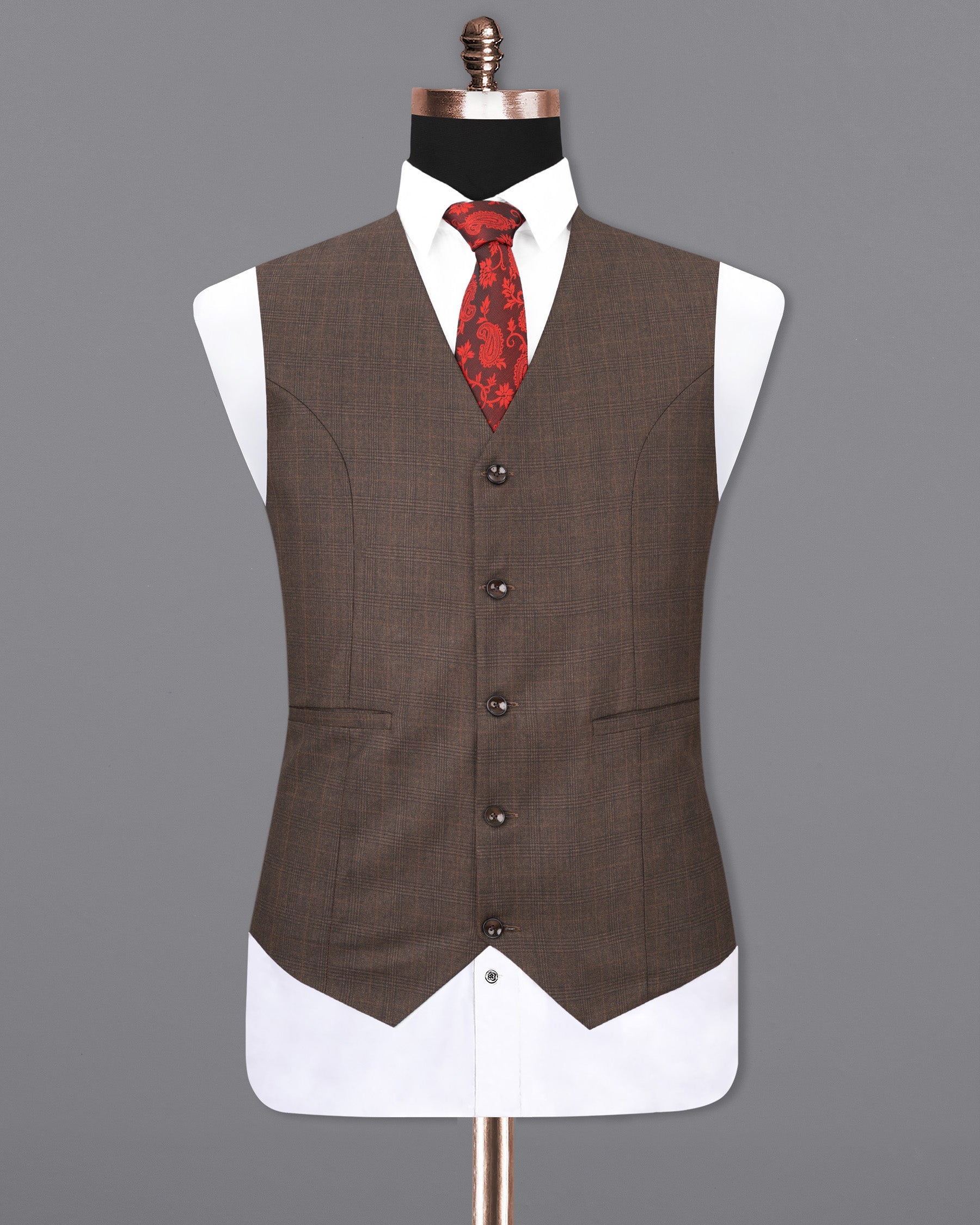 Wenge Brown Subtle Plaid Waistcoat