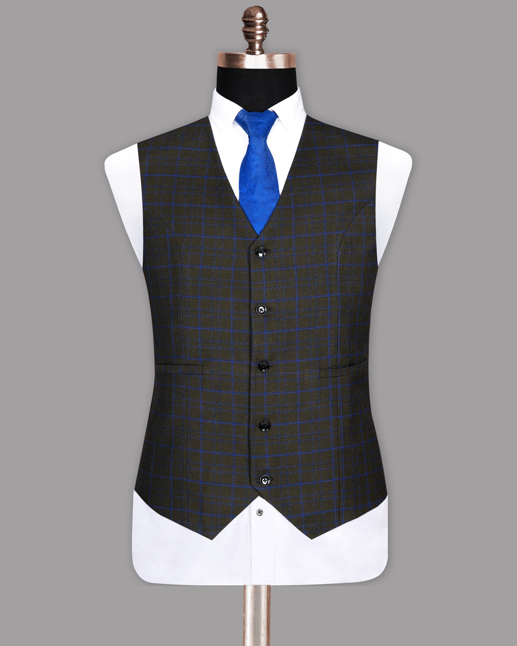 Wood Brown with Royal Blue windowpane Wool  Waistcoat V179-36, V179-38, V179-40, V179-42, V179-50, V179-52, V179-54, V179-56, V179-58, V179-44, V179-46, V179-48, V179-60