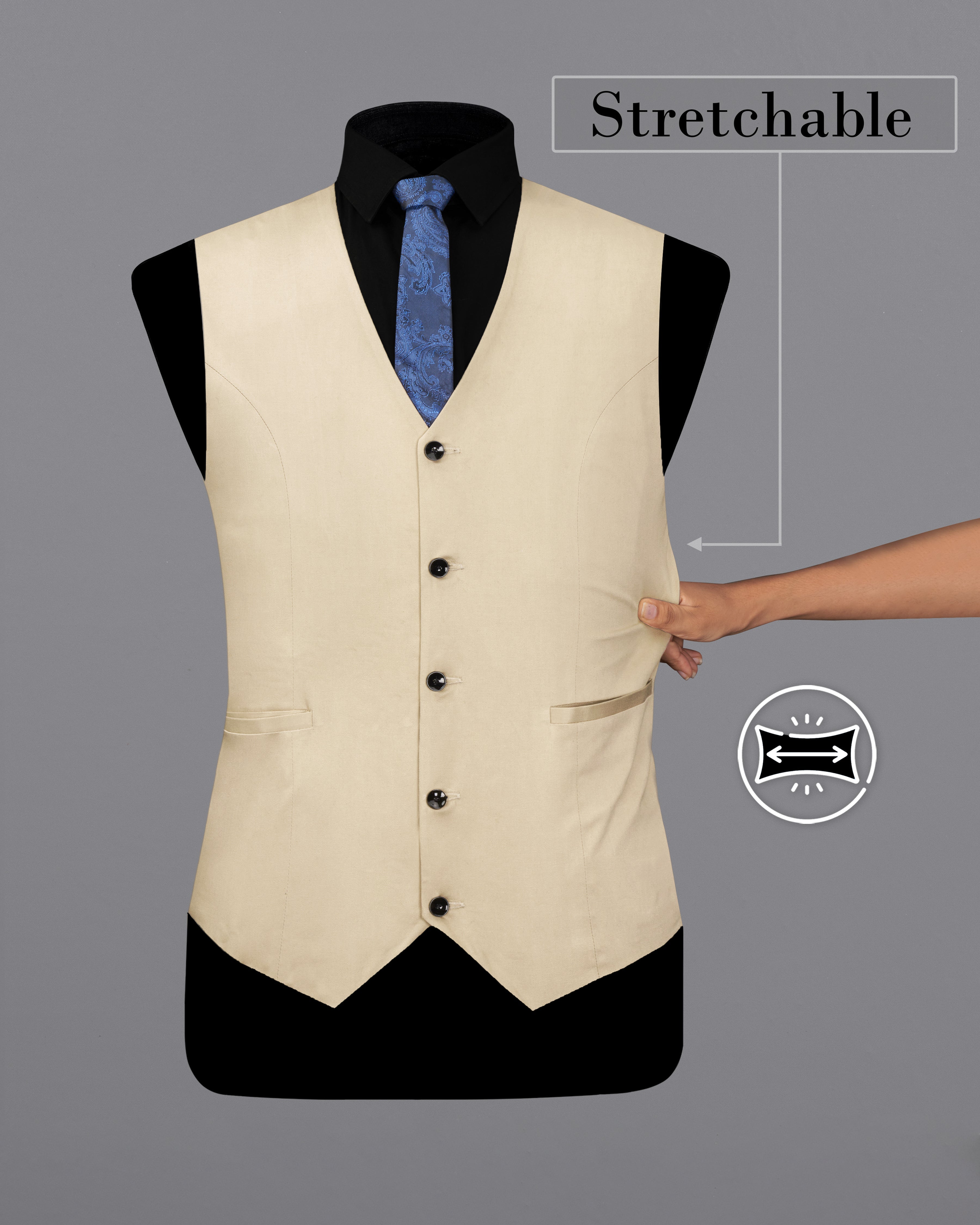 Moon Mist Beige Stretchable Premium Cotton Waistcoat V2672-36, V2672-38, V2672-40, V2672-42, V2672-44, V2672-46, V2672-48, V2672-50, V2672-52, V2672-54, V2672-56, V2672-58, V2672-60