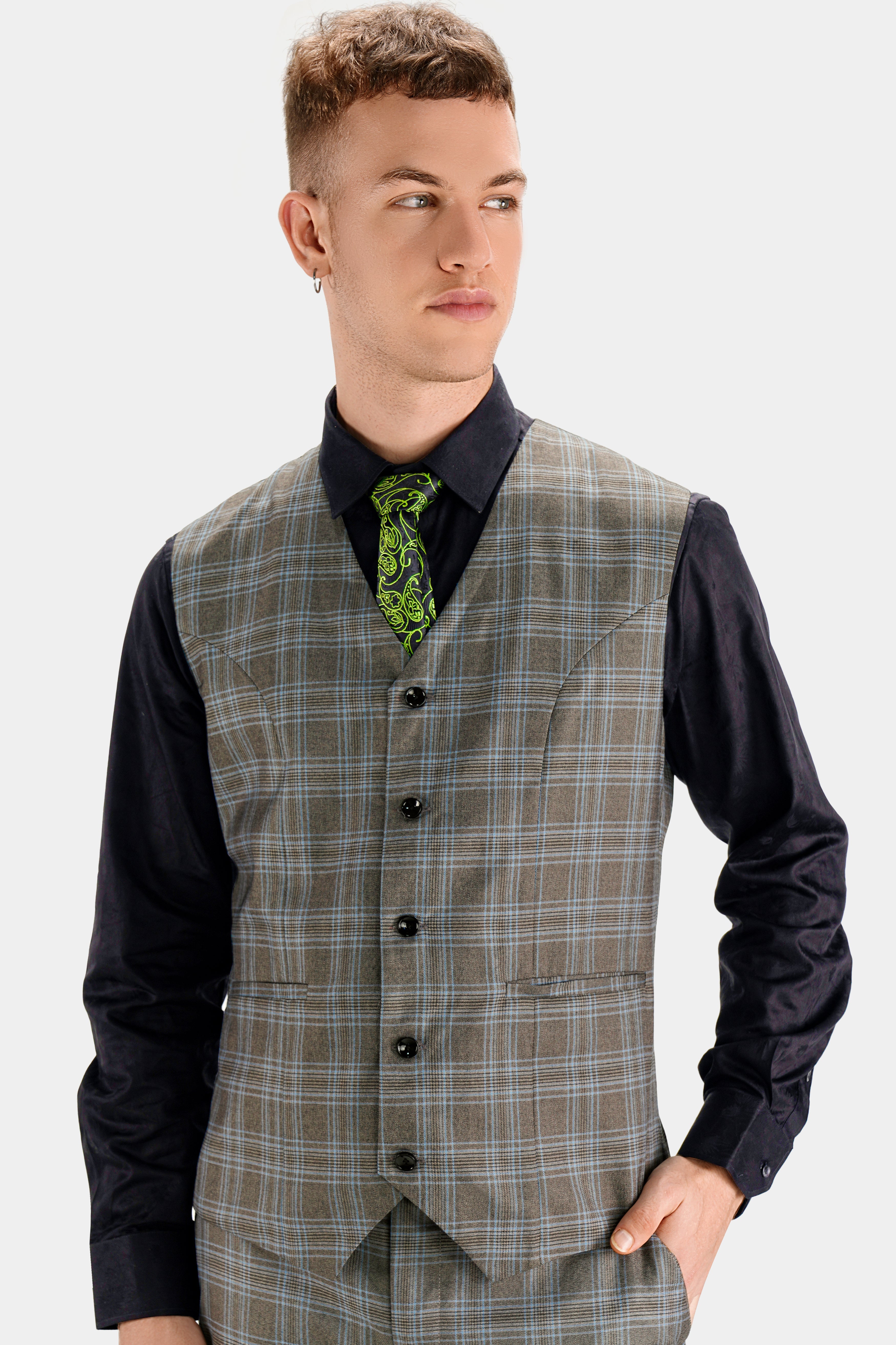 Dorado Brown with Casper Gray Plaid Wool Rich Waistcoat V2745-36, V2745-38, V2745-40, V2745-42, V2745-44, V2745-46, V2745-48, V2745-50, V2745-52, V2745-54, V2745-56, V2745-58, V2745-60