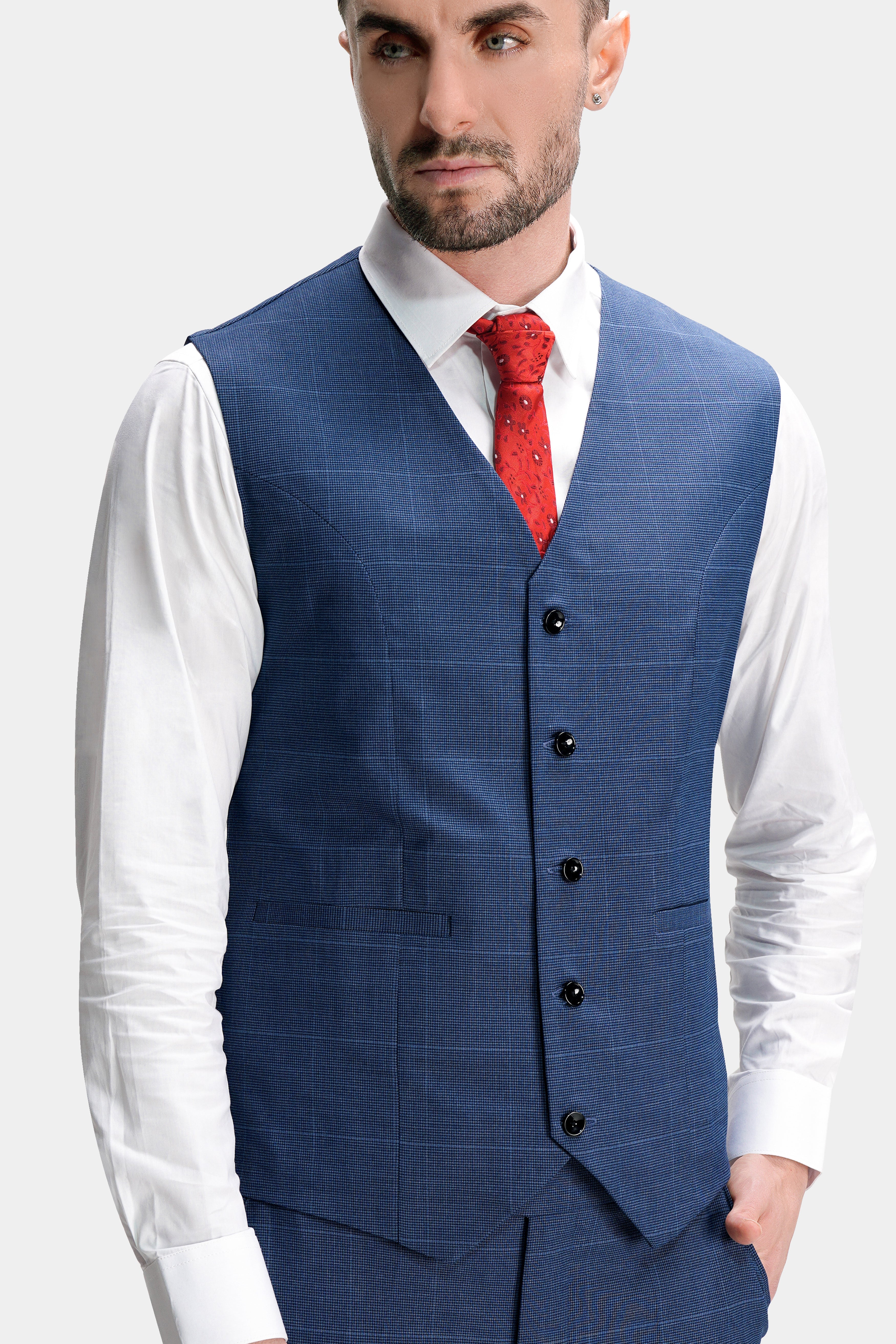 Gun Powder Blue Windowpane Wool Rich Stretchable traveler Waistcoat