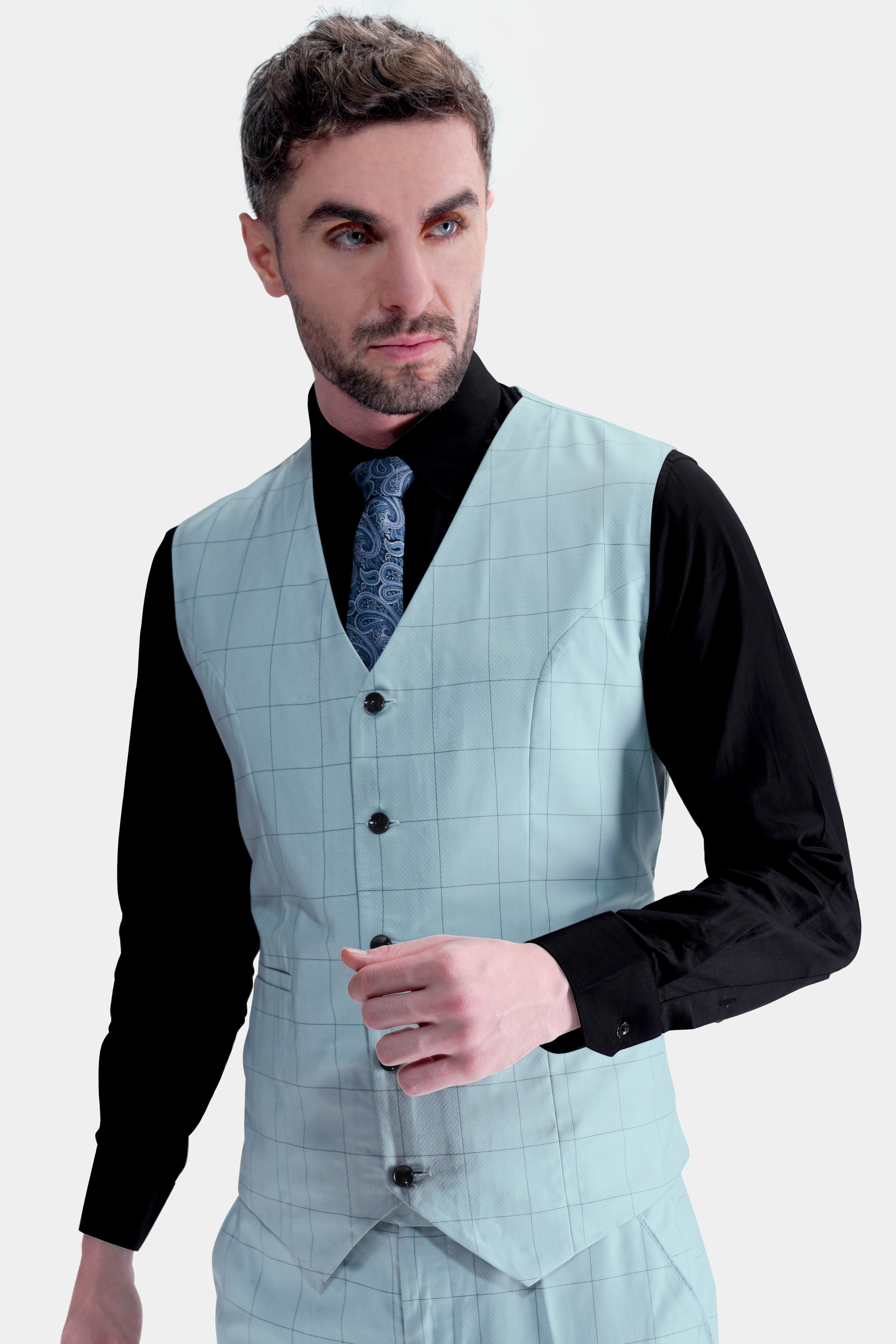 Metallic Gray Windowpane Wool Rich Waistcoat V2763-36, V2763-38, V2763-40, V2763-42, V2763-44, V2763-46, V2763-48, V2763-50, V2763-52, V2763-54, V2763-56, V2763-58, V2763-60