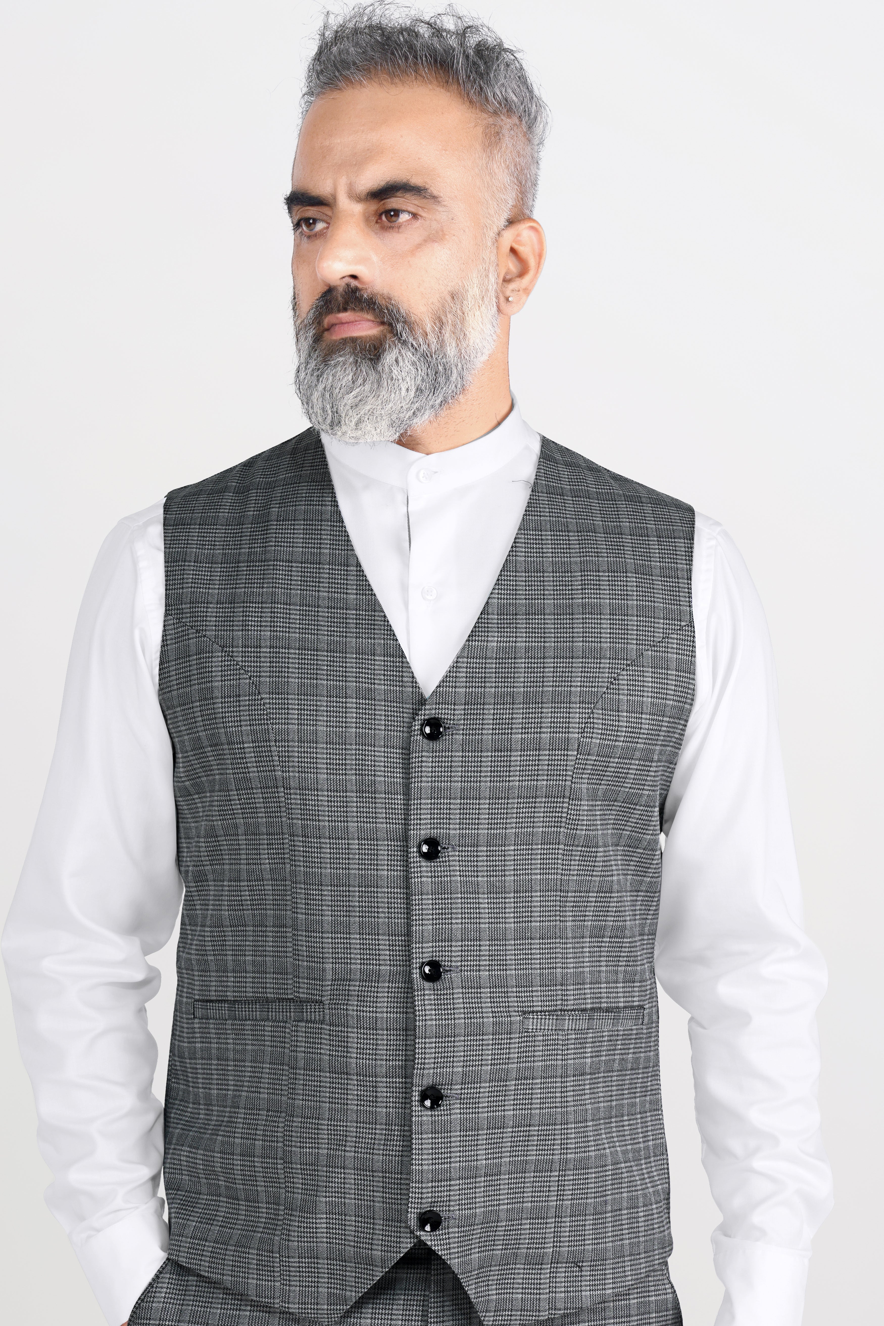 Oslo Gray Checkered Wool Rich Stretchable Traveler Waistcoat V2801-36, V2801-38, V2801-40, V2801-42, V2801-44, V2801-46, V2801-48, V2801-50, V2801-52, V2801-54, V2801-56, V2801-58, V2801-60