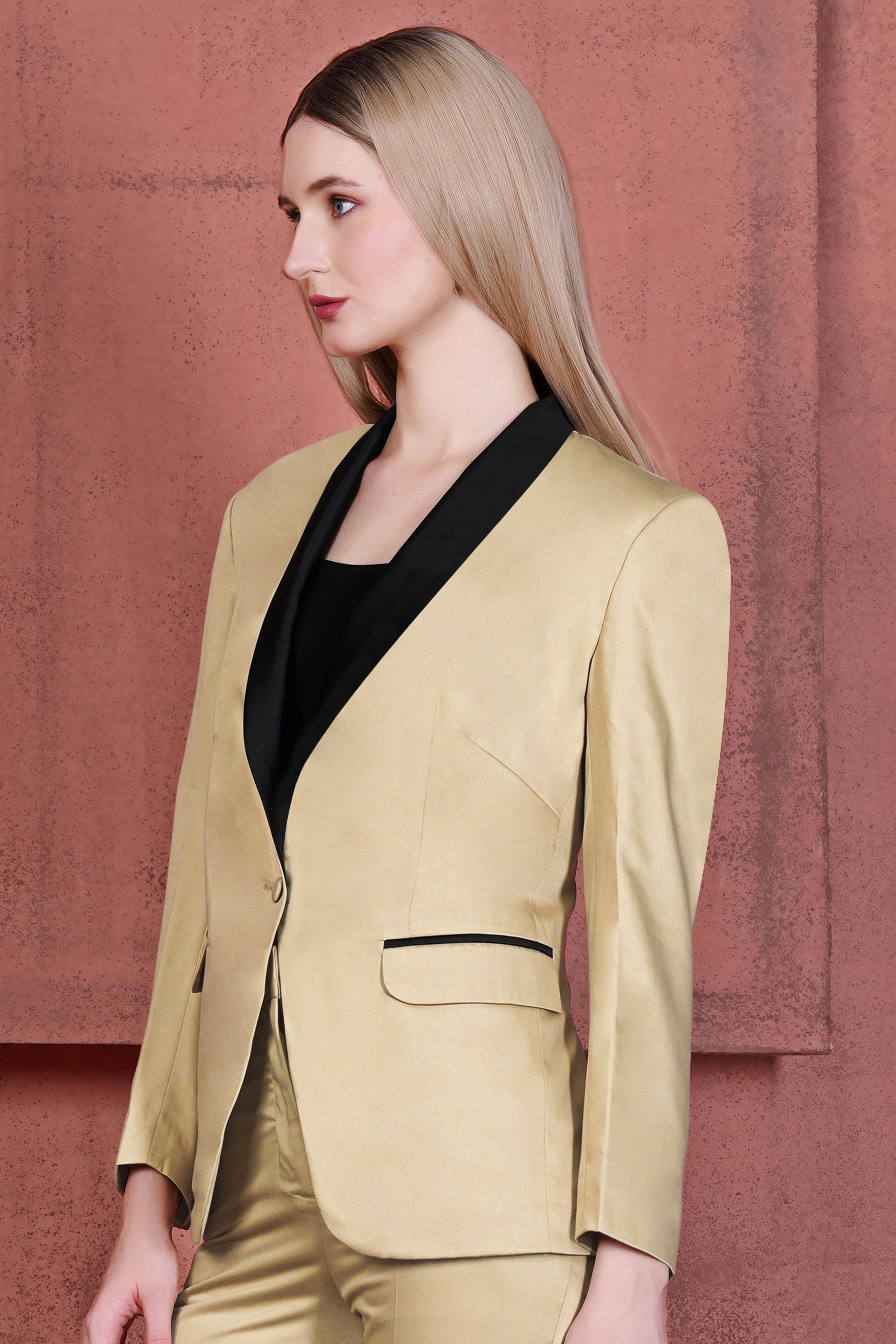 Hazelnut Cream Subtle Sheen with Black Lapel Single Breasted Women's Blazer