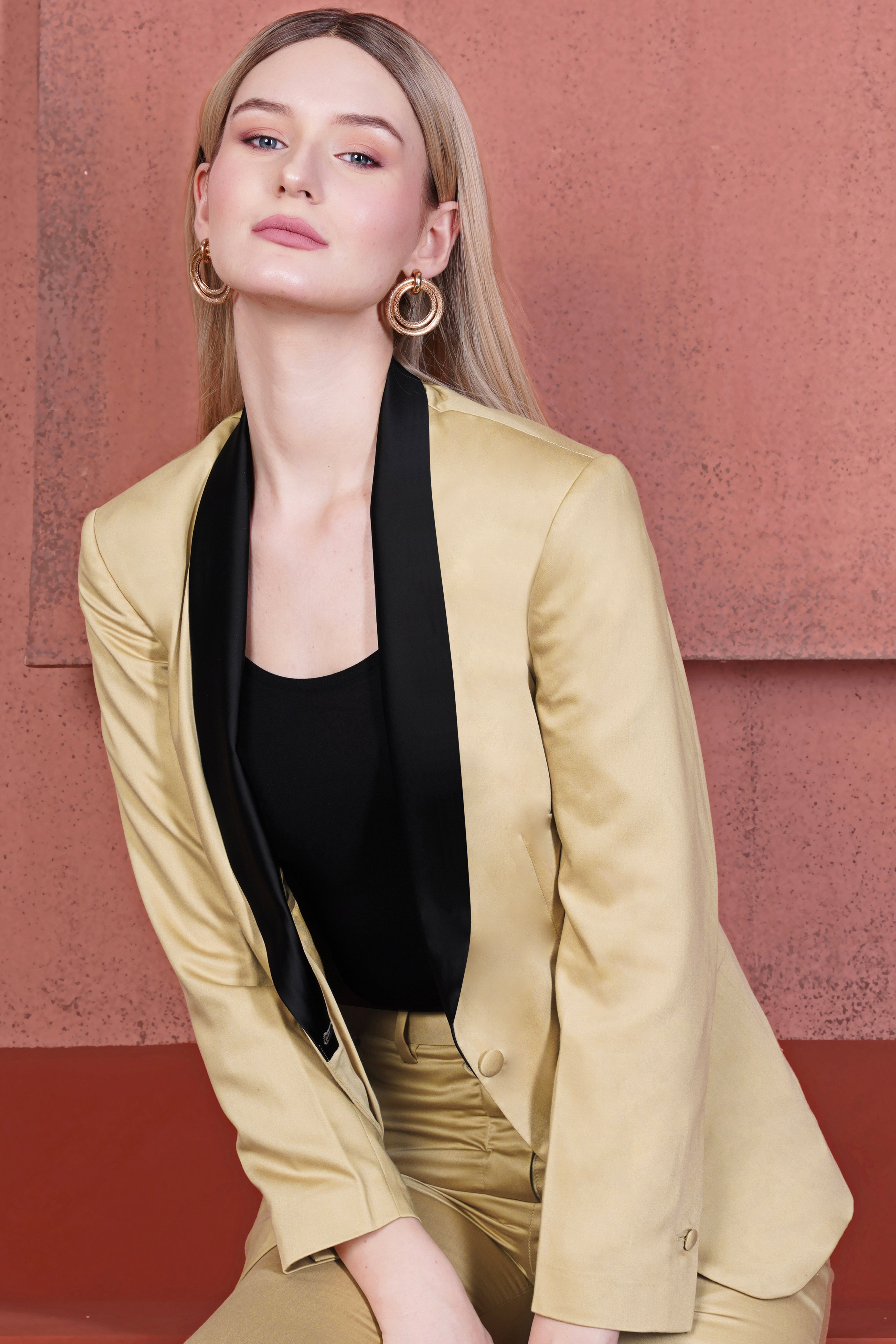 Hazelnut Cream Subtle Sheen with Black Lapel Single Breasted Women's Blazer