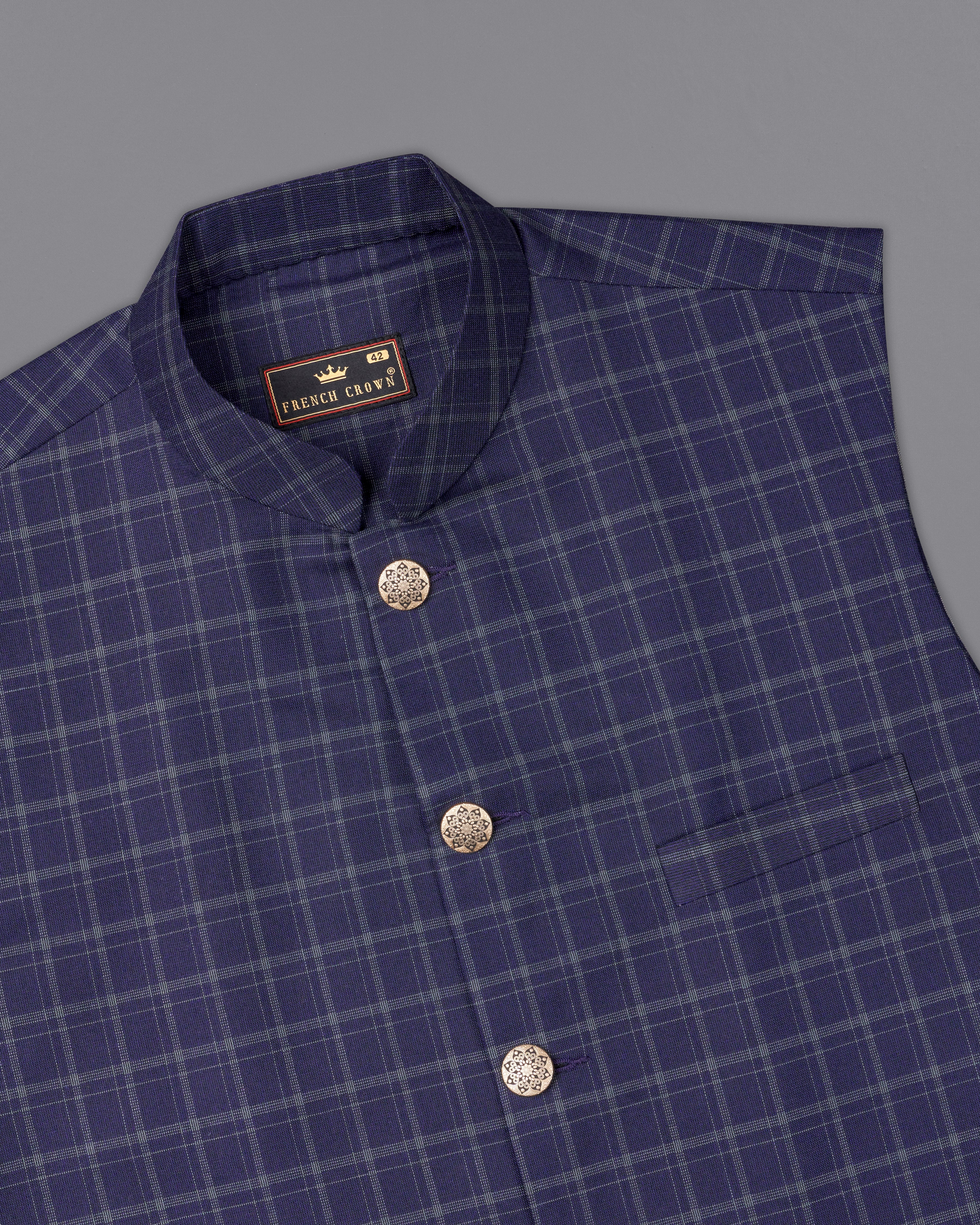 Mulled Wine Blue With Casper Gray Checkered Nehru Jacket