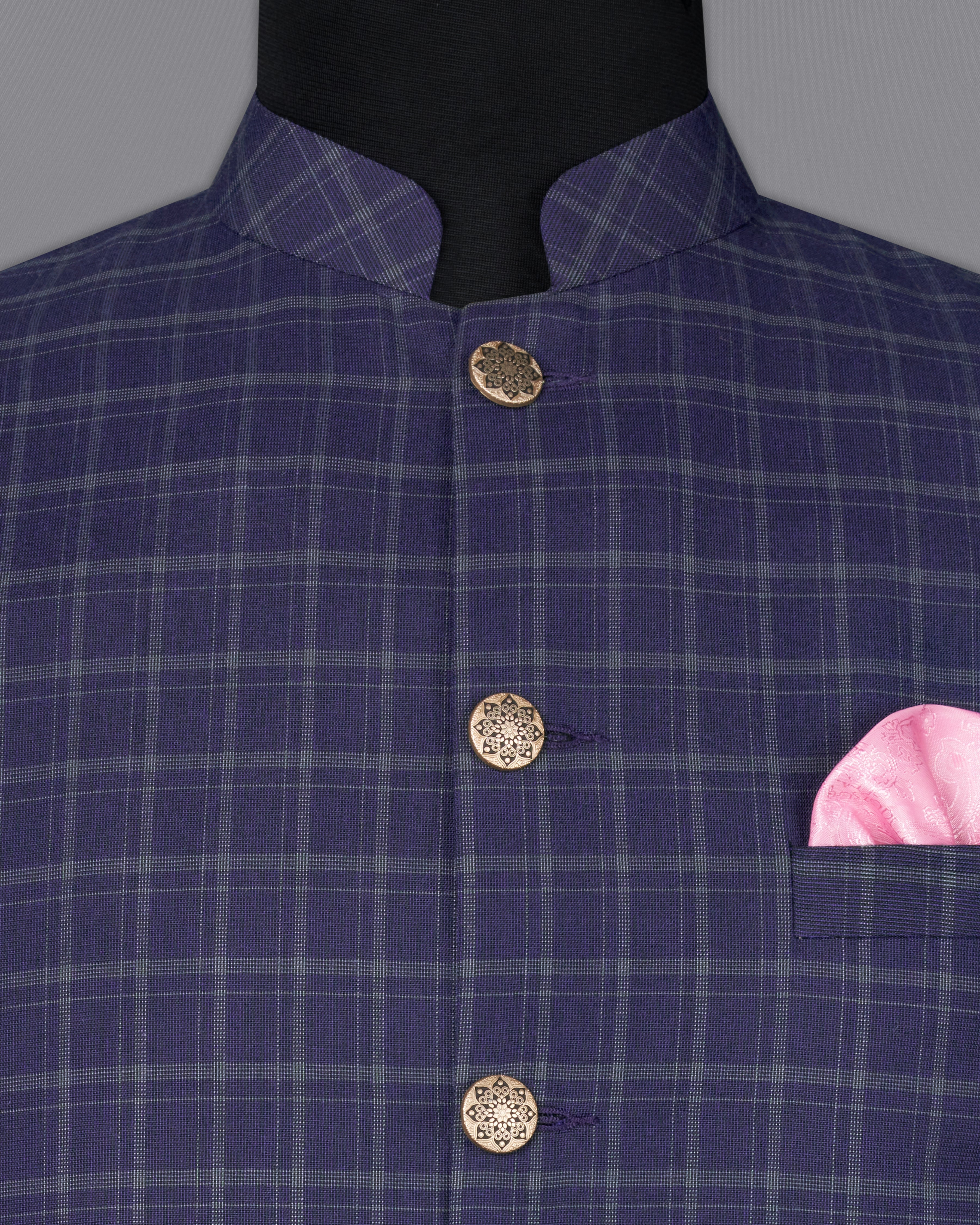 Mulled Wine Blue With Casper Gray Checkered Nehru Jacket