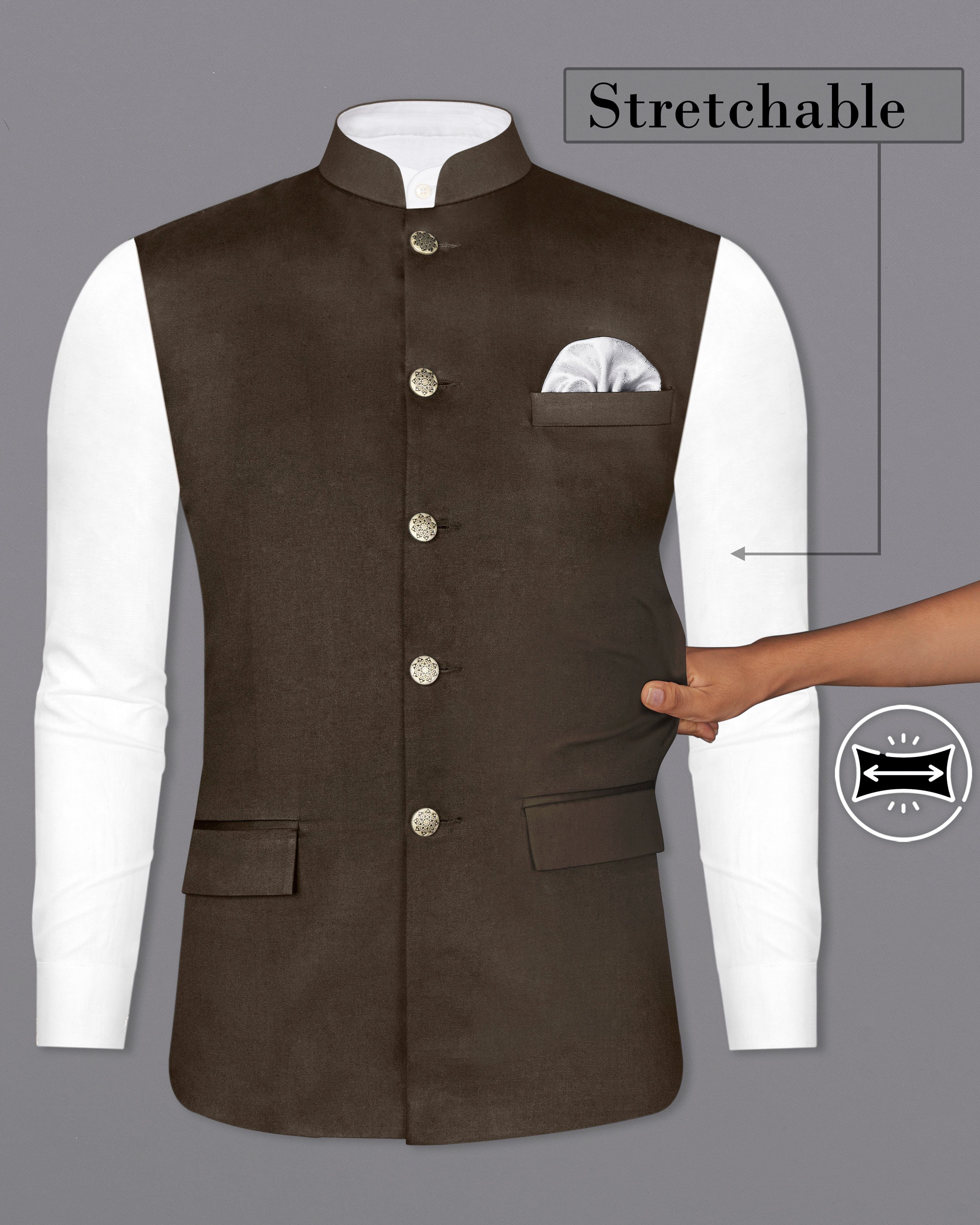 Walnut Brown Premium Cotton Nehru Jacket WC2629-36, WC2629-38, WC2629-40, WC2629-42, WC2629-44, WC2629-46, WC2629-48, WC2629-50, WC2629-52, WC2629-54, WC2629-56, WC2629-58, WC2629-60