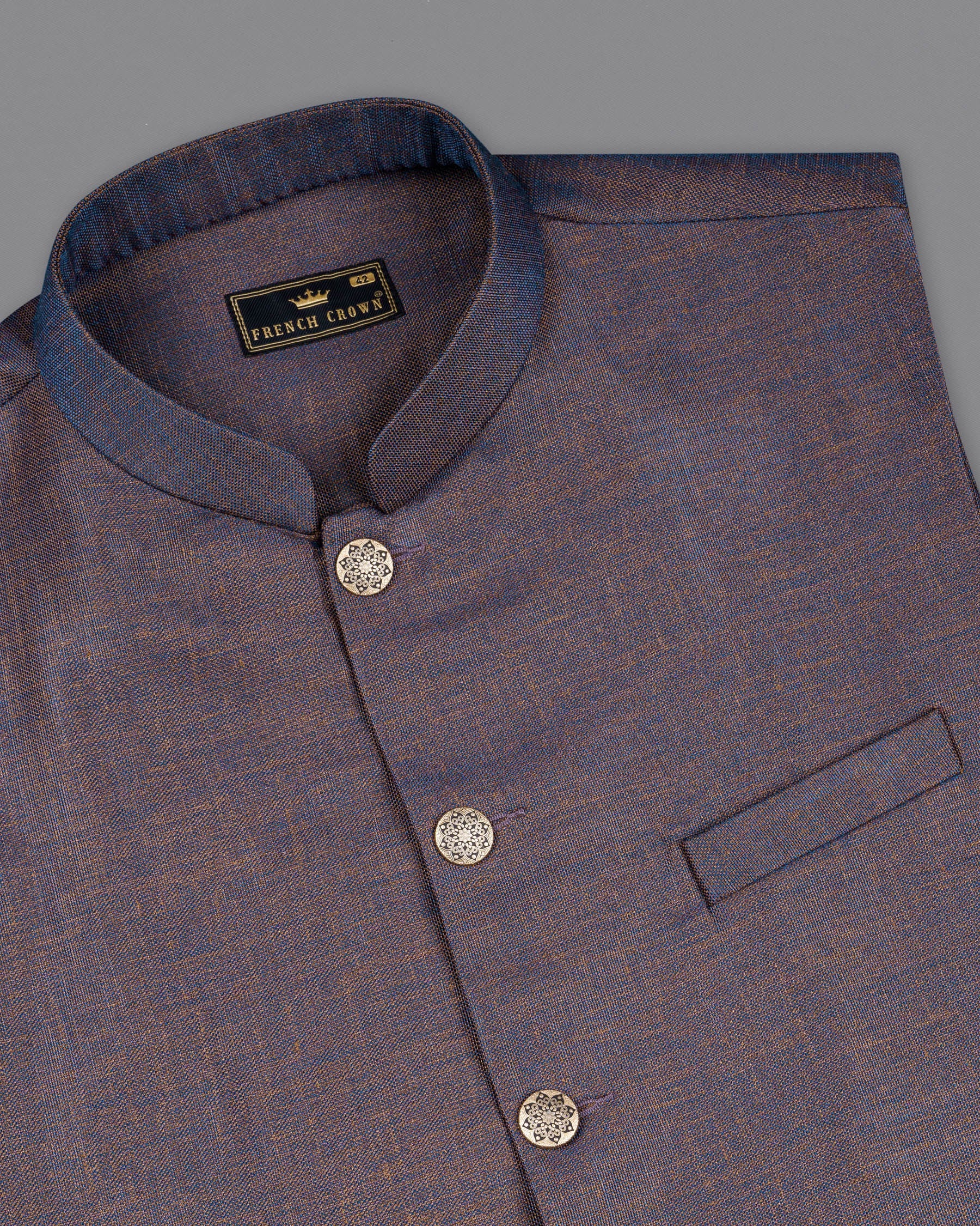 Brownish with Downriver Blue Two Tone Textured Nehru Jacket WC1642-36, WC1642-38, WC1642-40, WC1642-42, WC1642-44, WC1642-46, WC1642-48, WC1642-50, WC1642-52, WC1642-54, WC1642-56, WC1642-58, WC1642-60