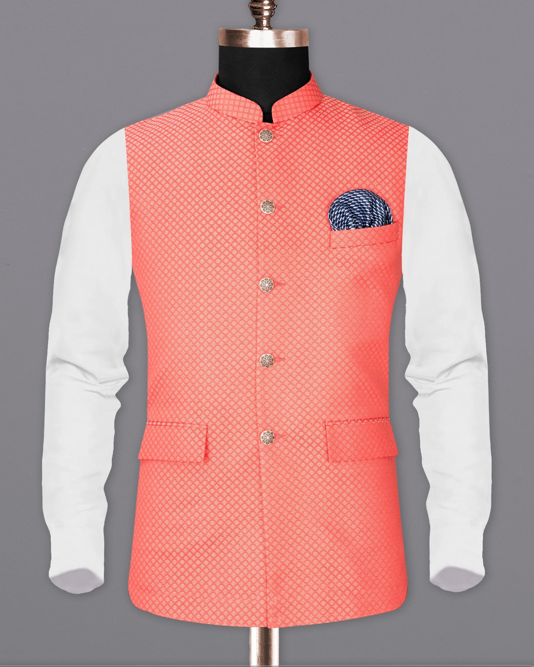 Bittersweet Pink Textured Nehru Jacket WC1656-36, WC1656-38, WC1656-40, WC1656-42, WC1656-44, WC1656-46, WC1656-48, WC1656-50, WC1656-52, WC1656-54, WC1656-56, WC1656-58, WC1656-60