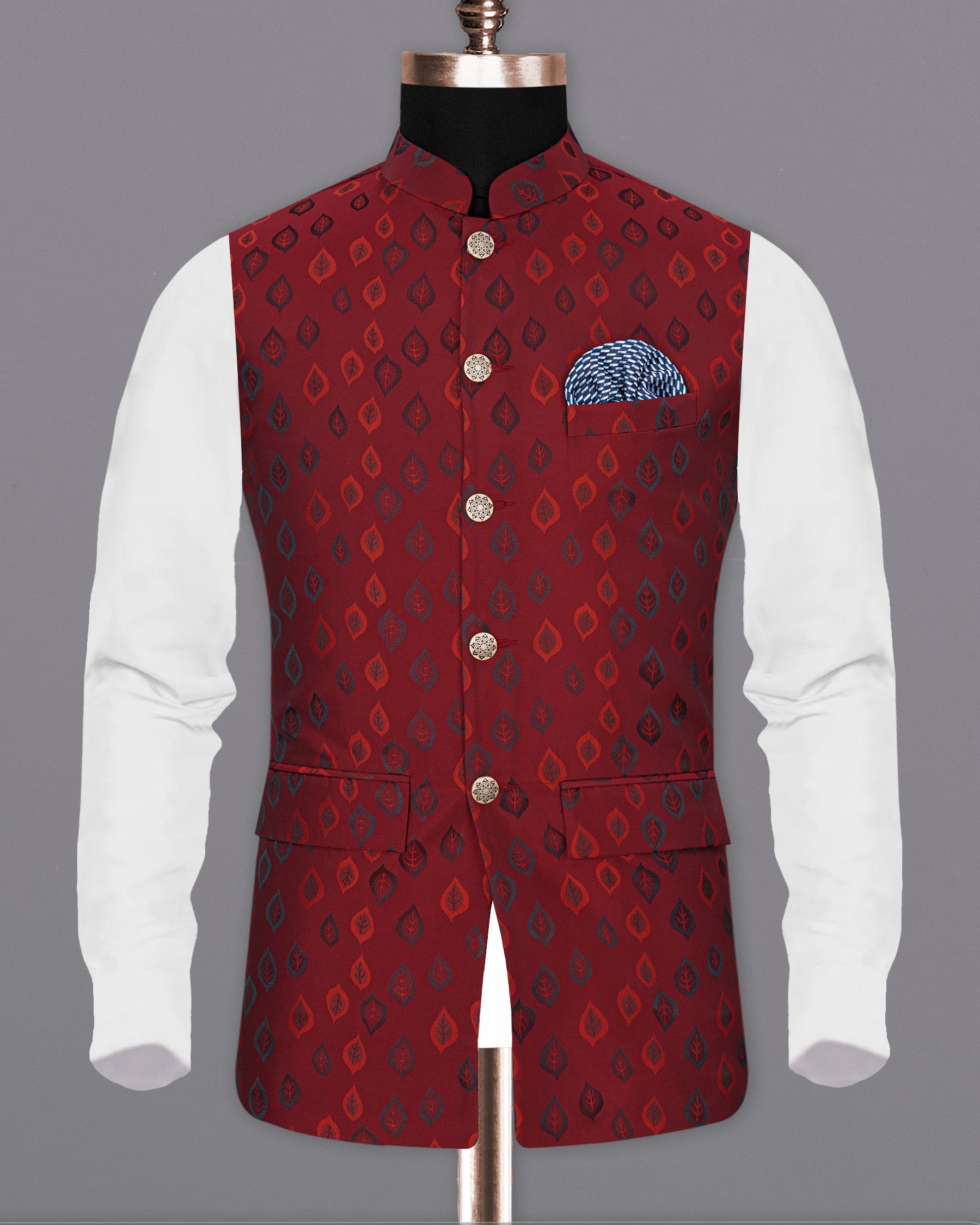 Stilleto Red Leaves Jacquard Textured Nehru Jacket WC1665-36, WC1665-38, WC1665-40, WC1665-42, WC1665-44, WC1665-46, WC1665-48, WC1665-50, WC1665-52, WC1665-54, WC1665-56, WC1665-58, WC1665-60