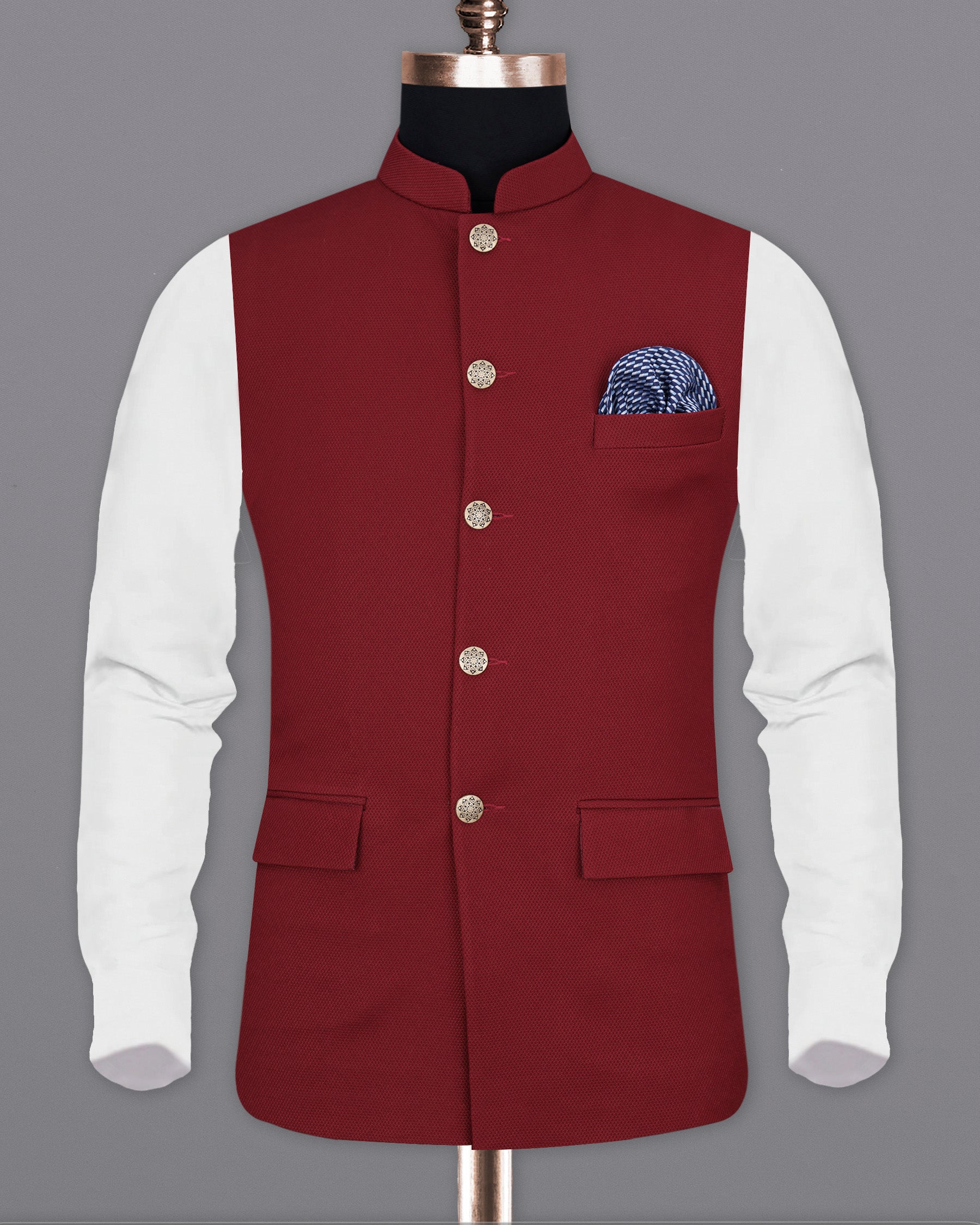 Mochaccino Red Textured Nehru Jacket WC1673-36, WC1673-38, WC1673-40, WC1673-42, WC1673-44, WC1673-46, WC1673-48, WC1673-50, WC1673-52, WC1673-54, WC1673-56, WC1673-58, WC1673-60