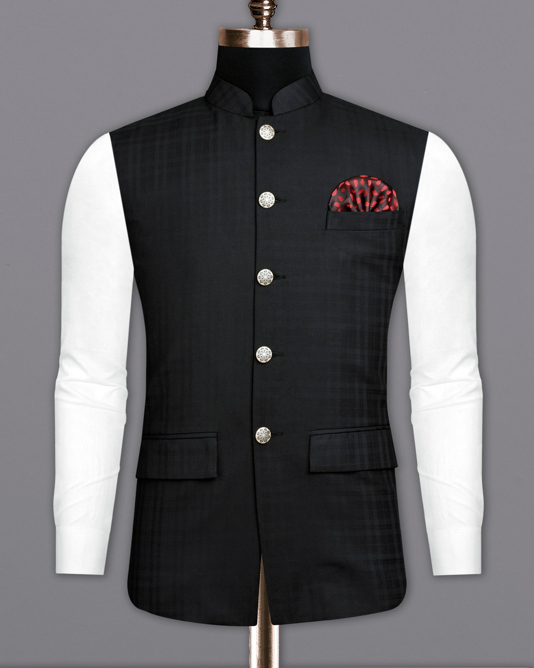 Jade Black Plaid Nehru Jacket WC1883-36, WC1883-38, WC1883-40, WC1883-42, WC1883-44, WC1883-46, WC1883-48, WC1883-50, WC1883-52, WC1883-54, WC1883-56, WC1883-58, WC1883-60