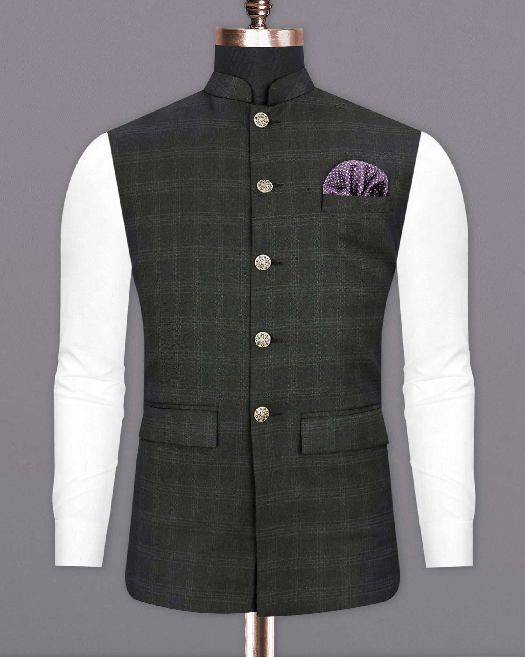 Charcoal Gray Plaid Nahru Jacket WC1947-36, WC1947-38, WC1947-40, WC1947-42, WC1947-44, WC1947-46, WC1947-48, WC1947-50, WC1947-52, WC1947-54, WC1947-56, WC1947-58, WC1947-60